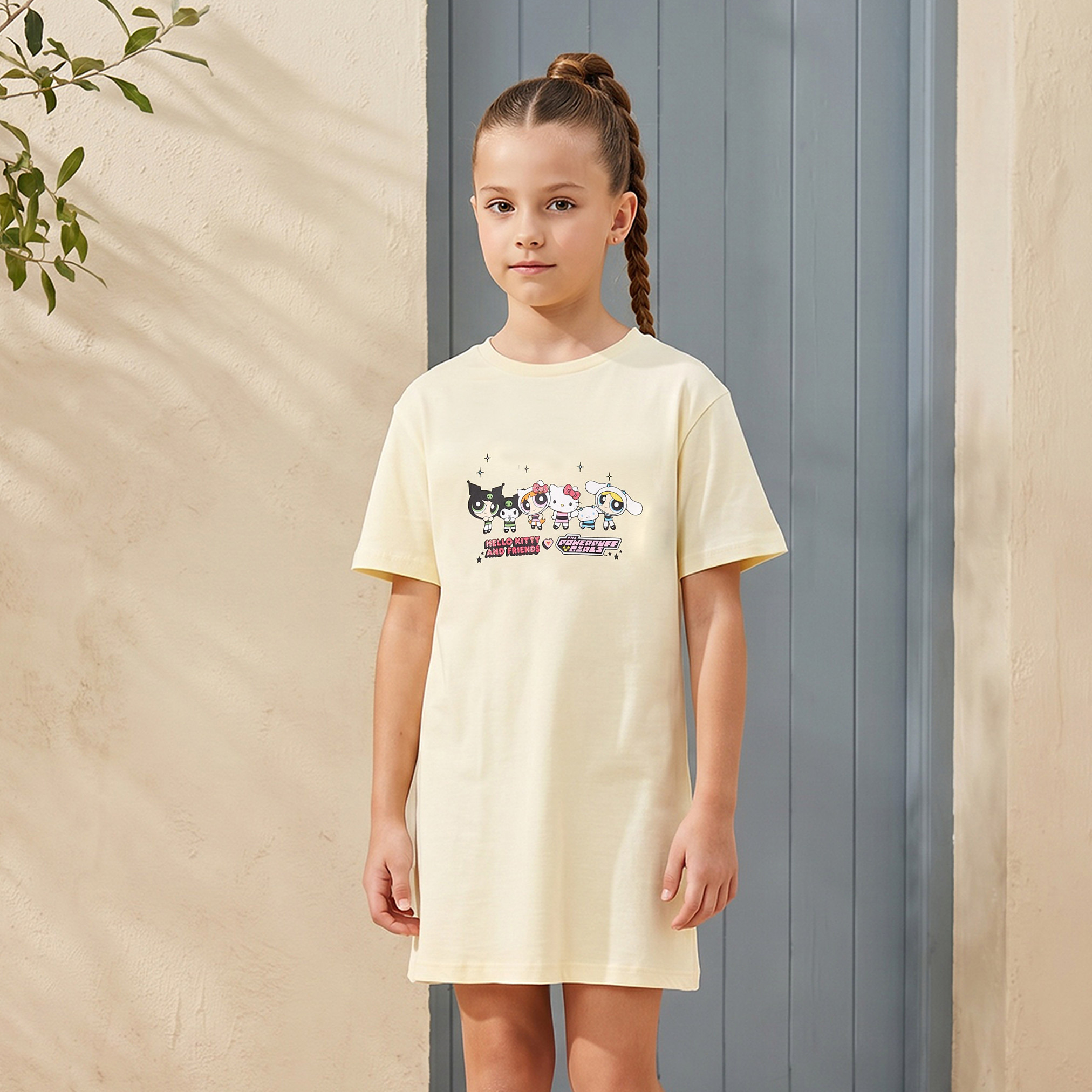 Round Neck Short Sleeves Knee Length Shift Dress with Powerpuff Girls and Hello Kitty Print-girls-clothing-dressesandjumpsuits-image-1