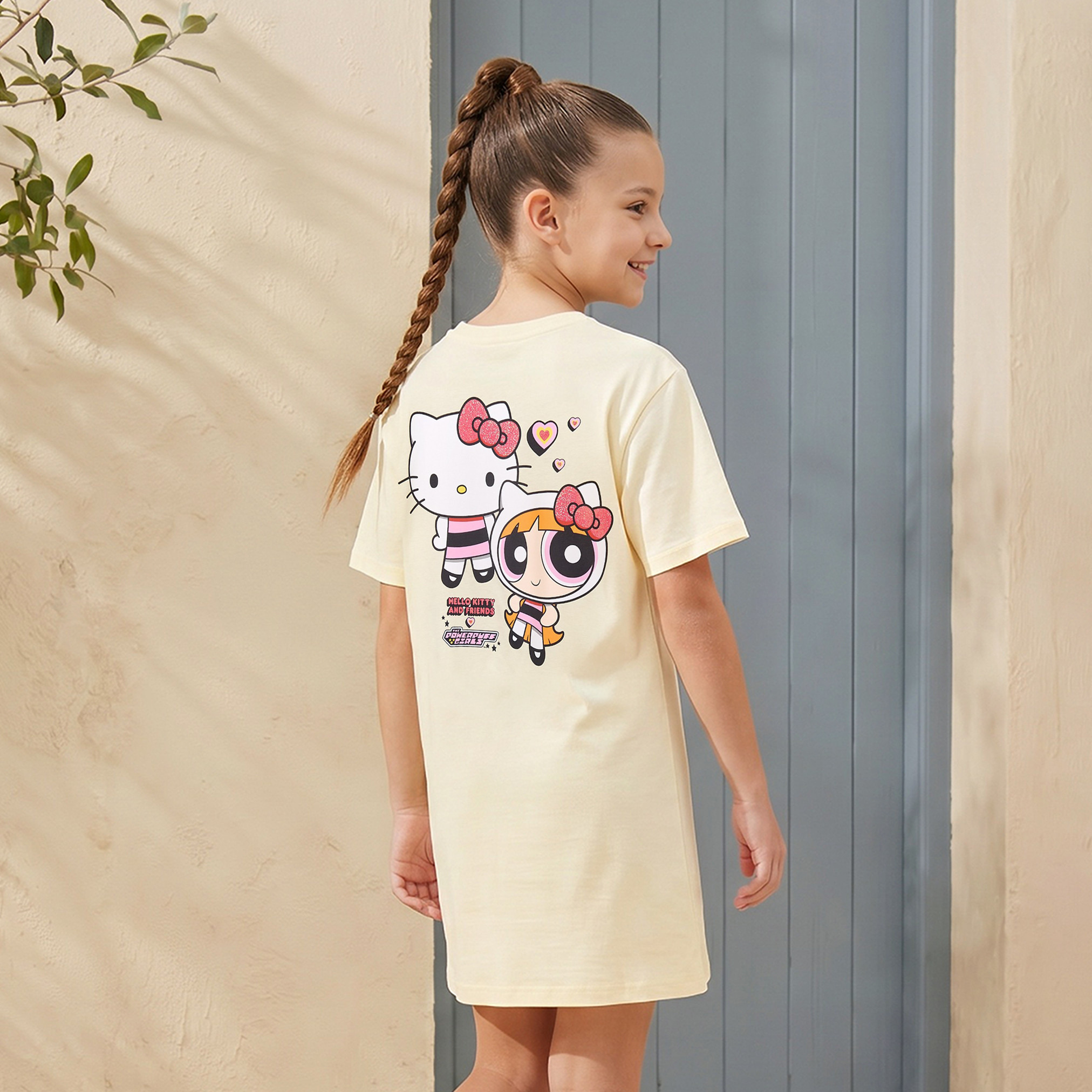 Round Neck Short Sleeves Knee Length Shift Dress with Powerpuff Girls and Hello Kitty Print-girls-clothing-dressesandjumpsuits-image-3