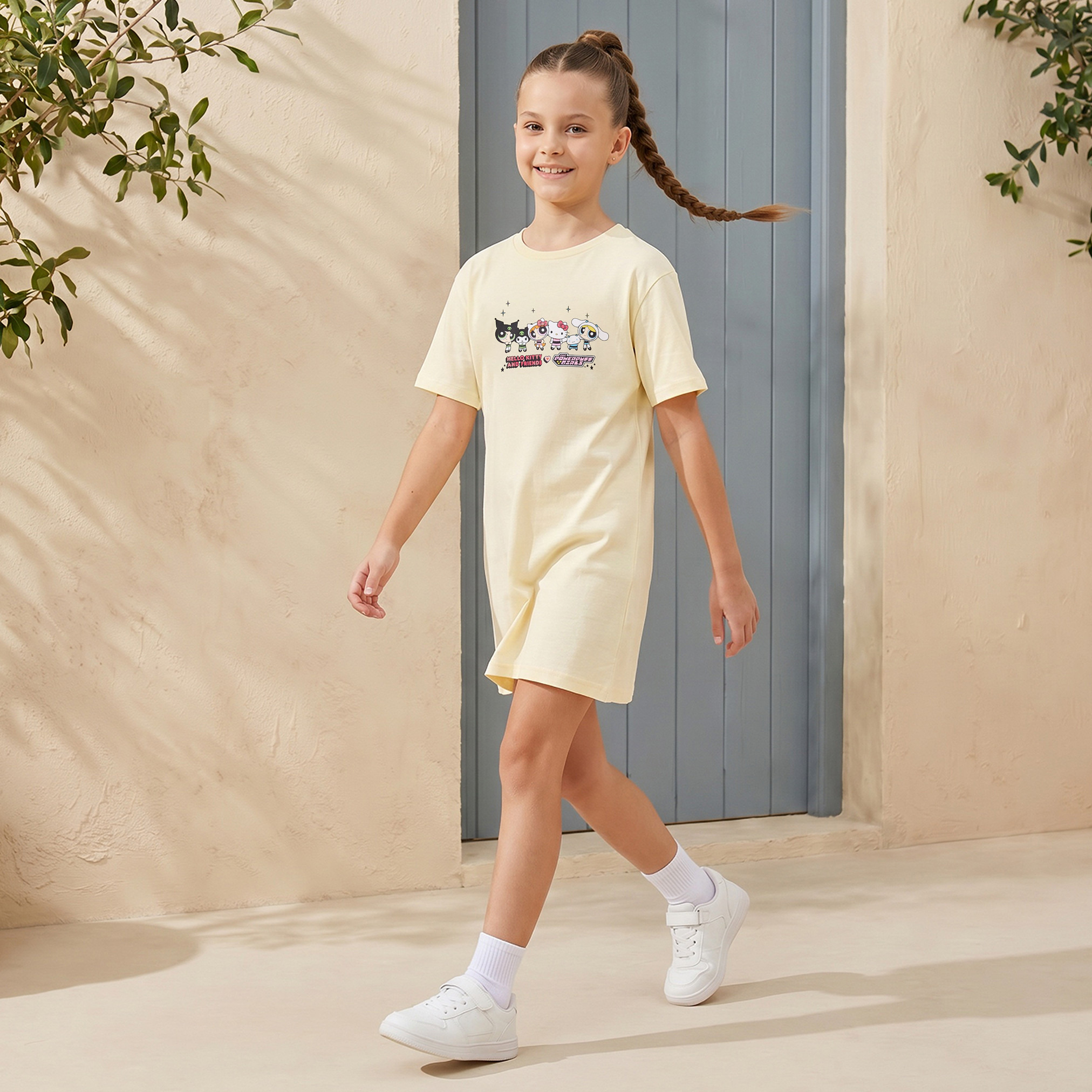 Round Neck Short Sleeves Knee Length Shift Dress with Powerpuff Girls and Hello Kitty Print-girls-clothing-dressesandjumpsuits-image-5
