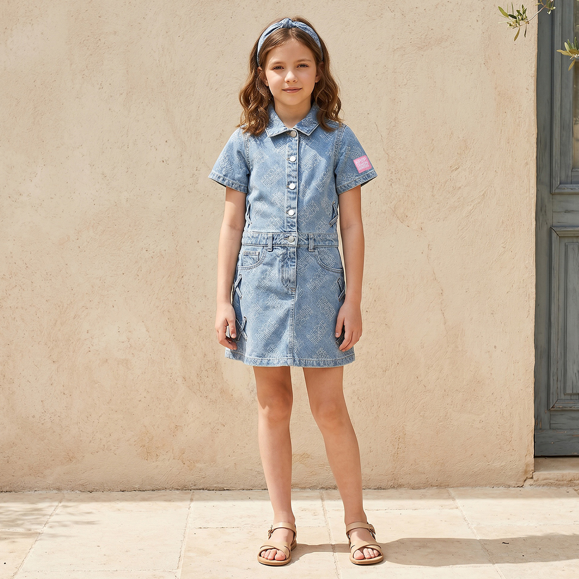 Netflix Collared Short Sleeves Knee Length Denim Dress with KPop Demon Hunters Print-girls-clothing-dressesandjumpsuits-image-1