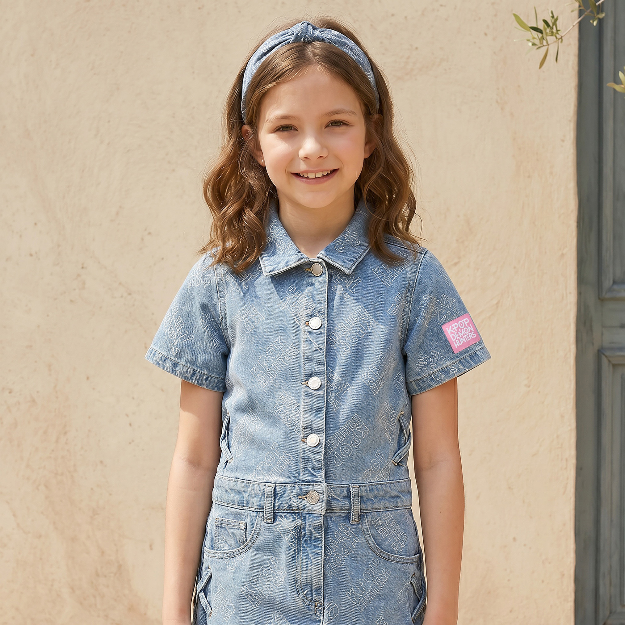 Netflix Collared Short Sleeves Knee Length Denim Dress with KPop Demon Hunters Print-girls-clothing-dressesandjumpsuits-image-5