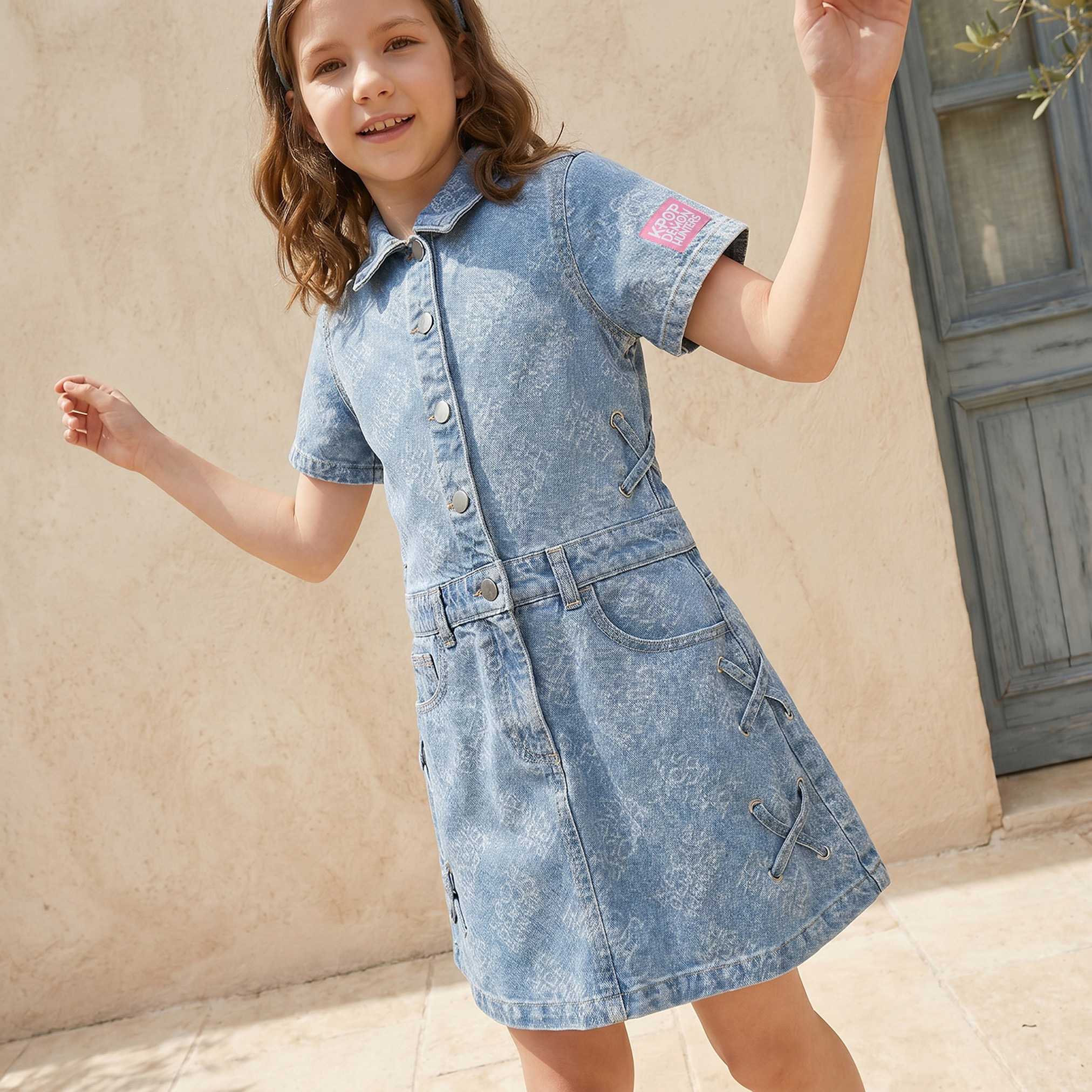 Netflix Collared Short Sleeves Knee Length Denim Dress with KPop Demon Hunters Print-girls-clothing-dressesandjumpsuits-image-6