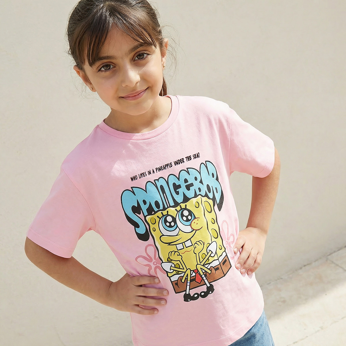 Crew Neck Short Sleeves T-shirt with SpongeBob SquarePants Print-girls-clothing-tshirts-image-1