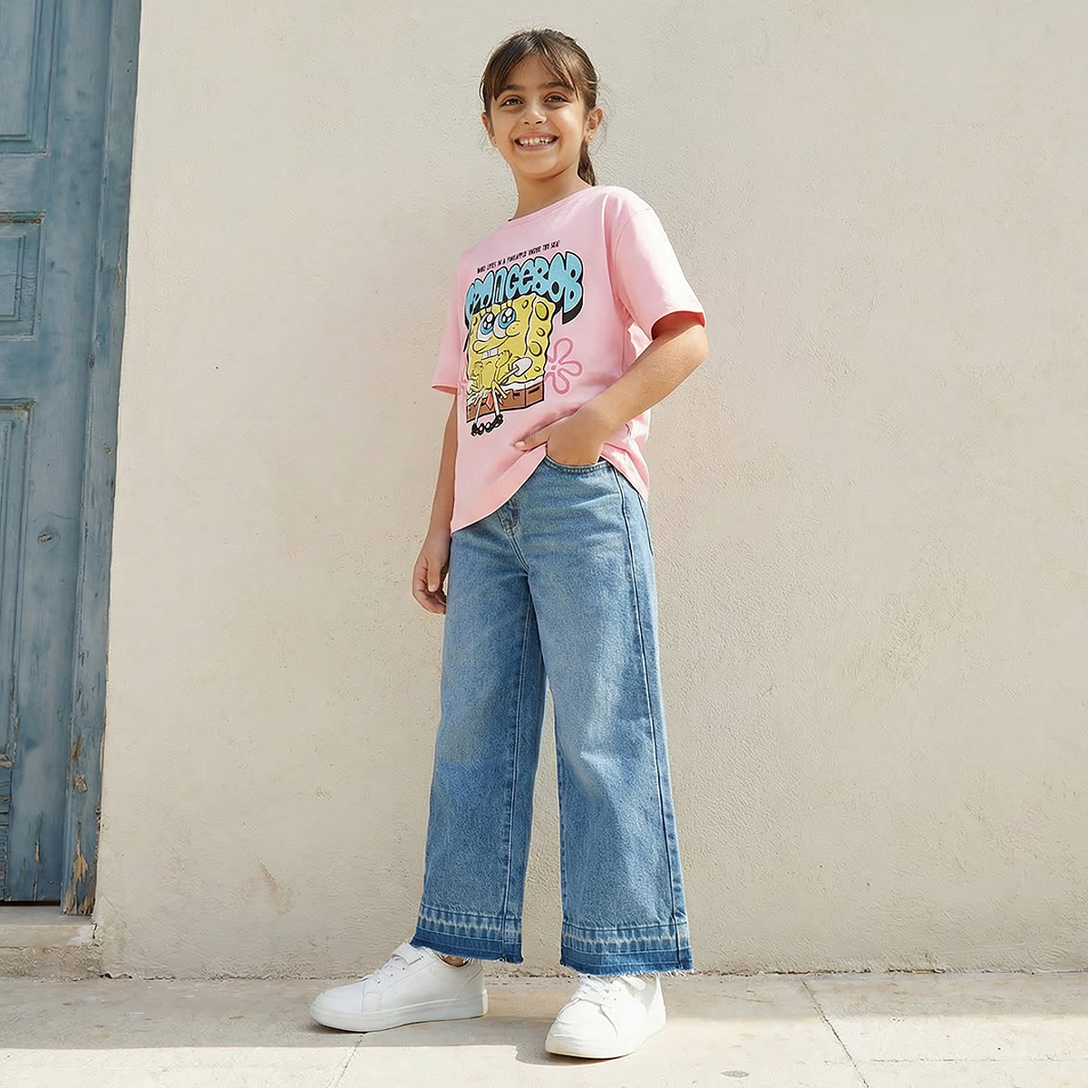 Crew Neck Short Sleeves T-shirt with SpongeBob SquarePants Print-girls-clothing-tshirts-image-2