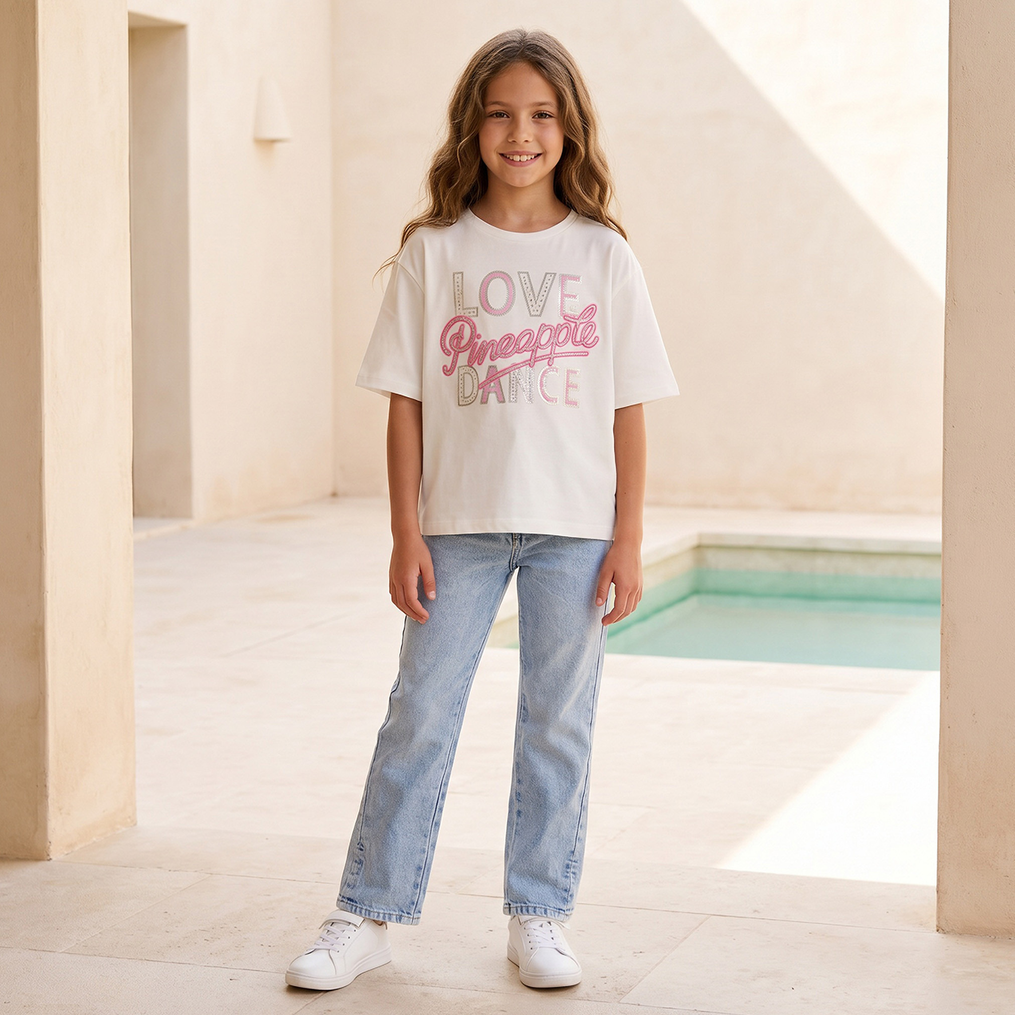 Pineapple Round Neck Short Sleeves T-shirt with Typographic Print-girls-clothing-tshirts-image-2