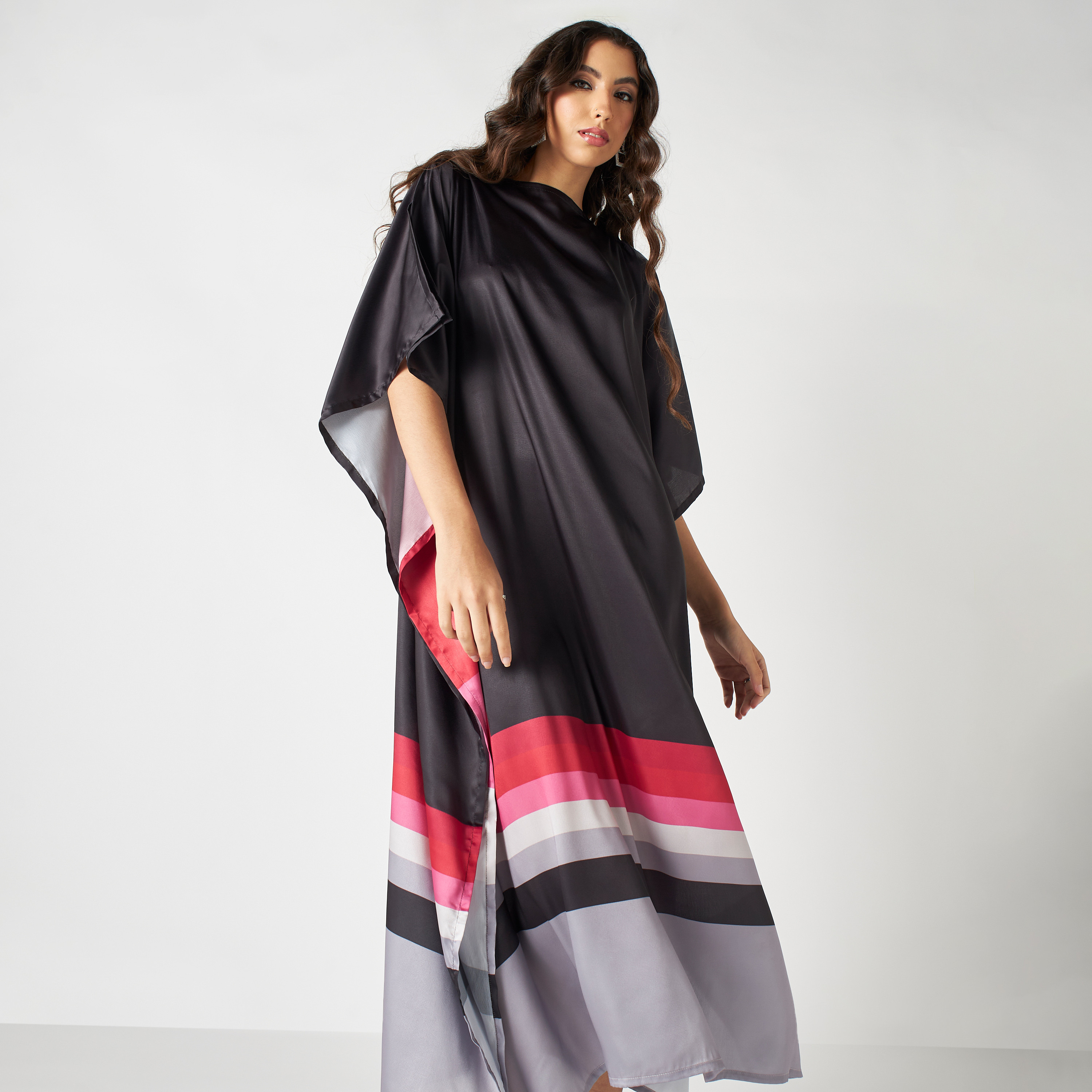 FYOR Striped Kaftan Dress with Slit Detail-women-arabicclothing-kaftan-image-1