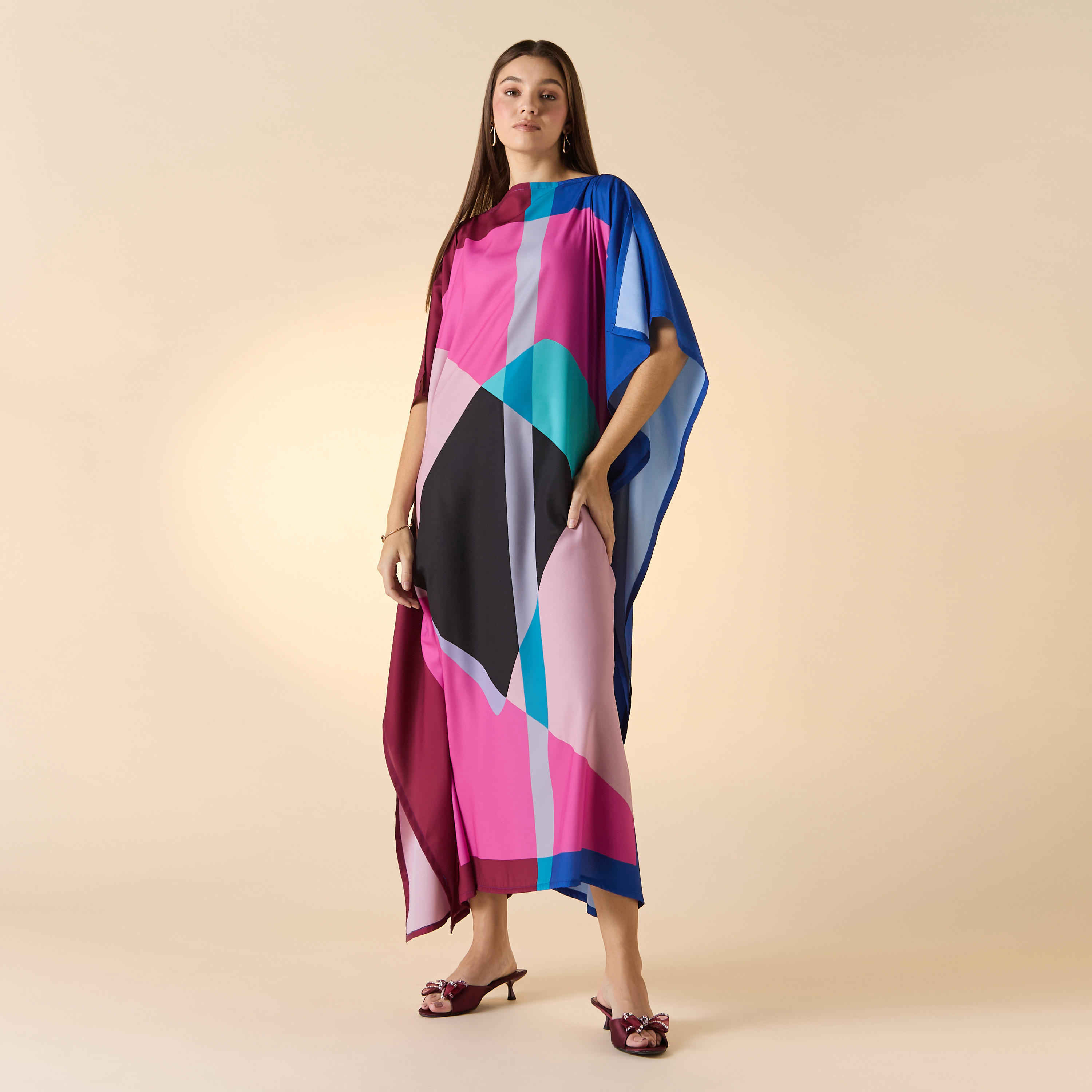 FYOR Printed Boat Neck Midi Kaftan Dress-women-arabicclothing-kaftan-image-1