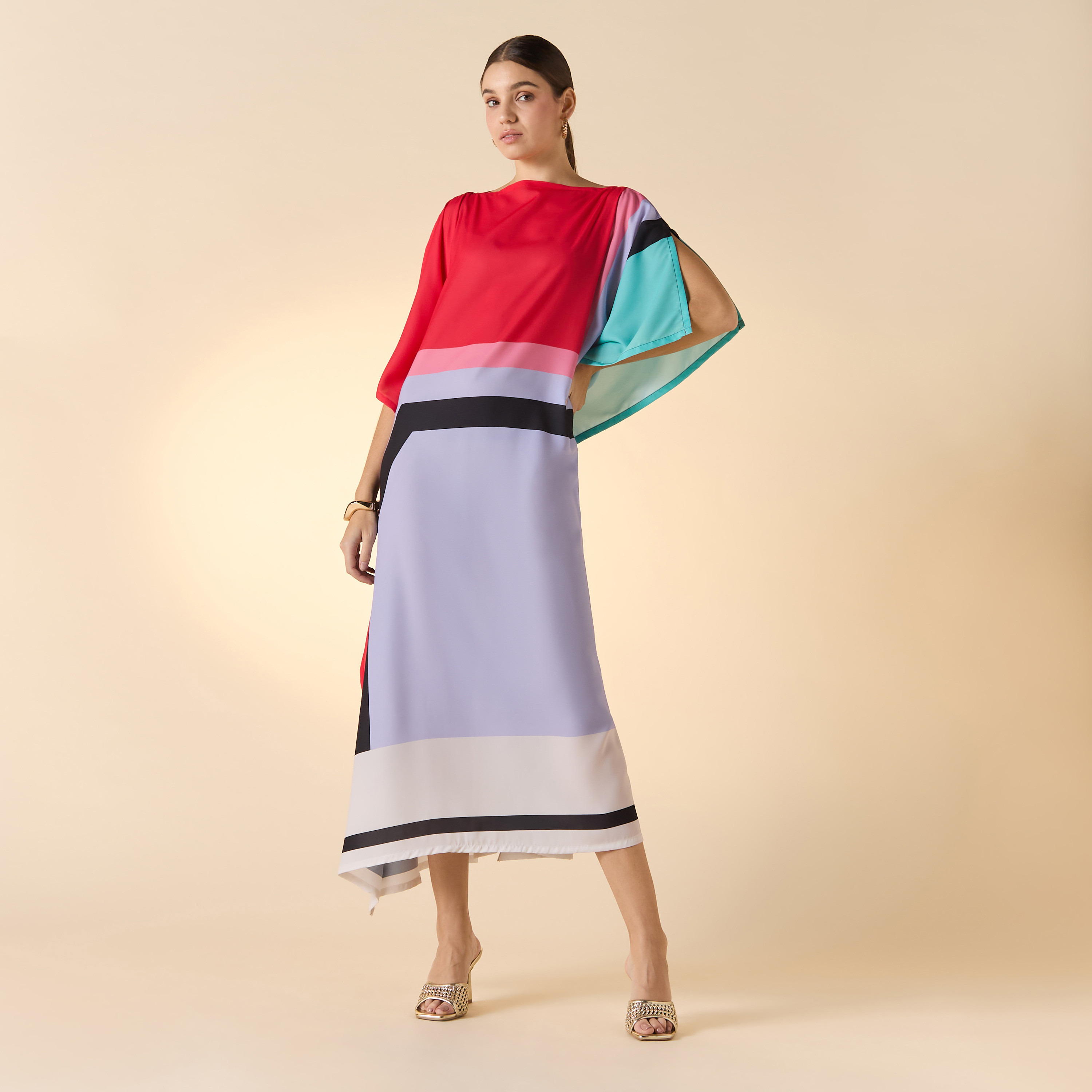 FYOR Striped Boat Neck Midi Kaftan Dress-women-arabicclothing-kaftan-image-1