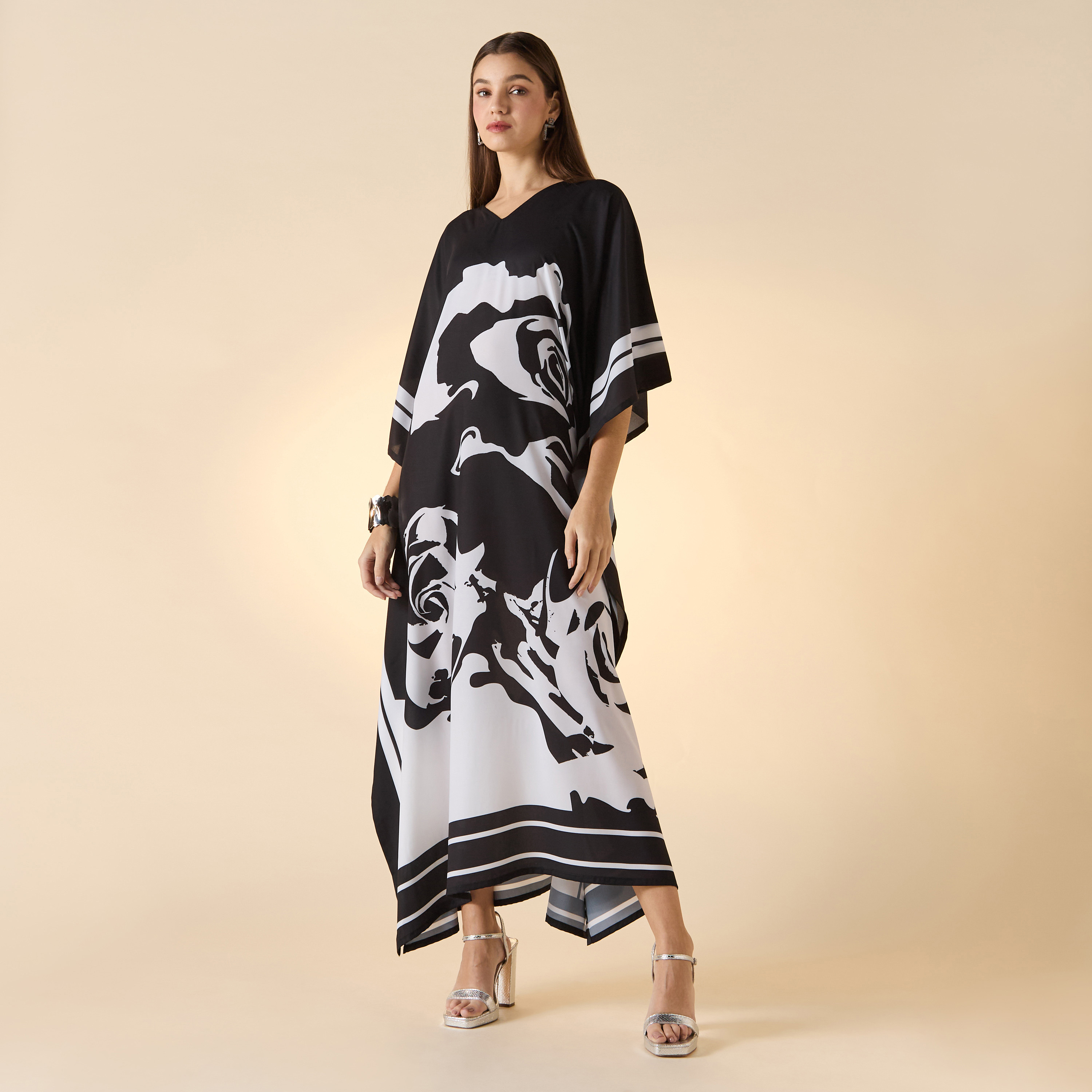 FYOR Printed V-Neck Maxi Kaftan Dress-women-arabicclothing-kaftan-image-1