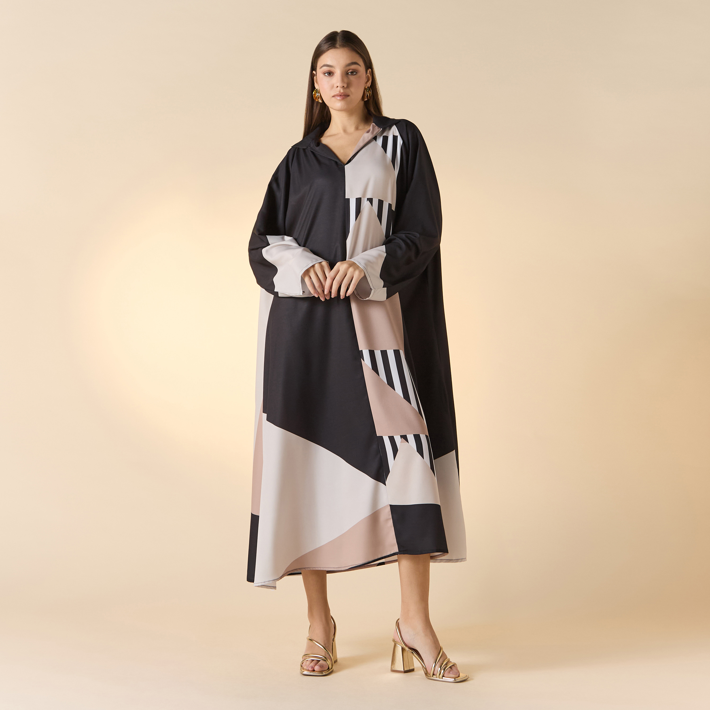 FYOR Printed Collared Maxi Kaftan Dress-women-arabicclothing-kaftan-image-2