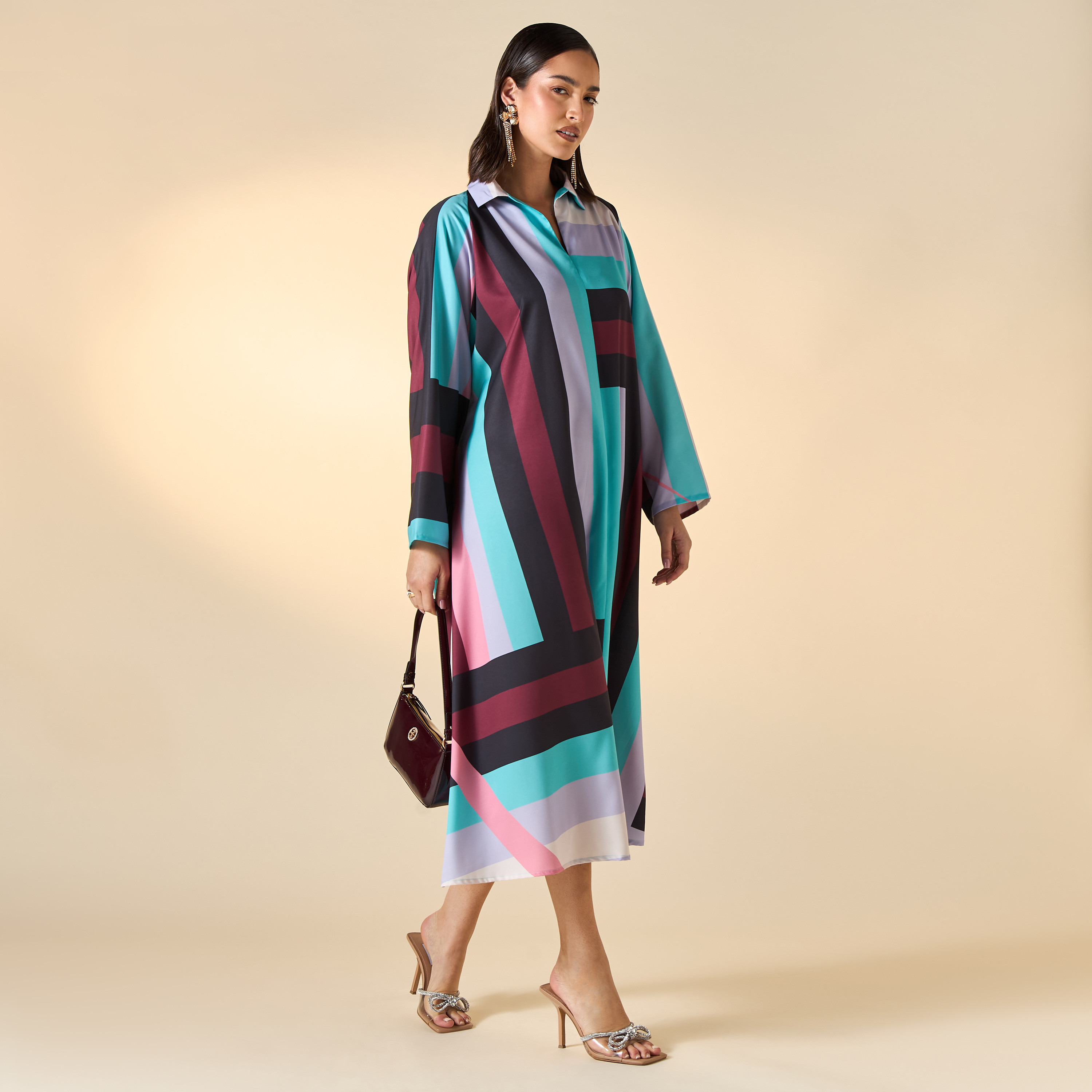 FYOR All-Over Striped Print Dress with Collar and Long Sleeves-women-clothing-dresses-image-2