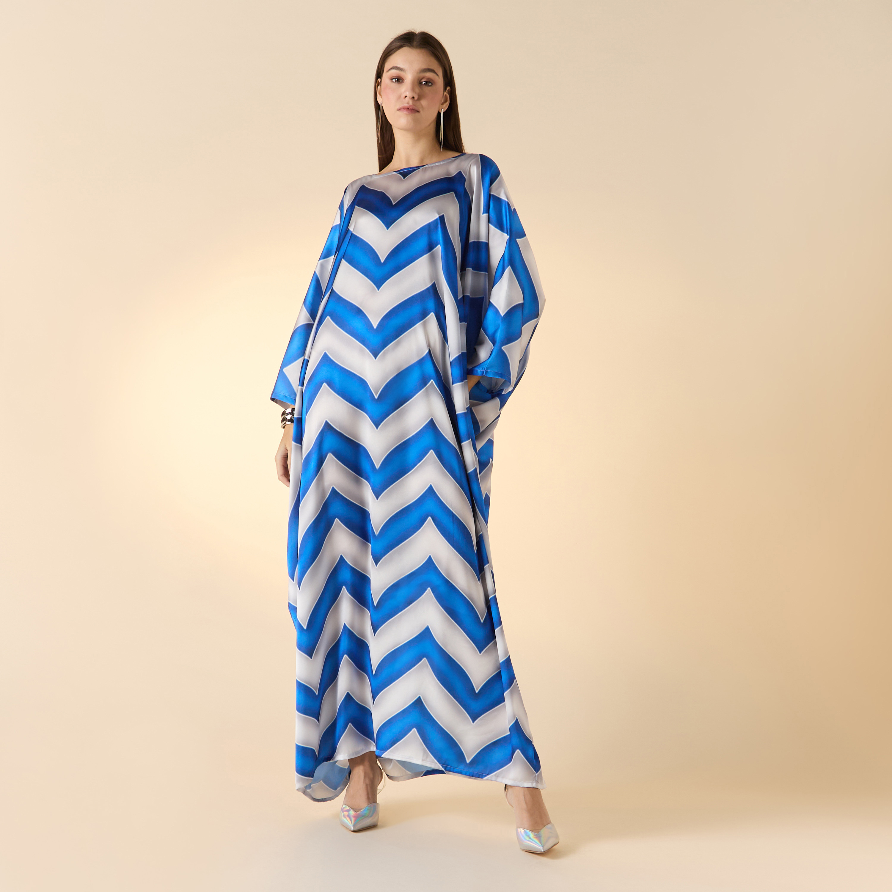 FYOR Zig-Zag Print Key-Hole Neck Maxi Kaftan Dress-women-arabicclothing-kaftan-image-1