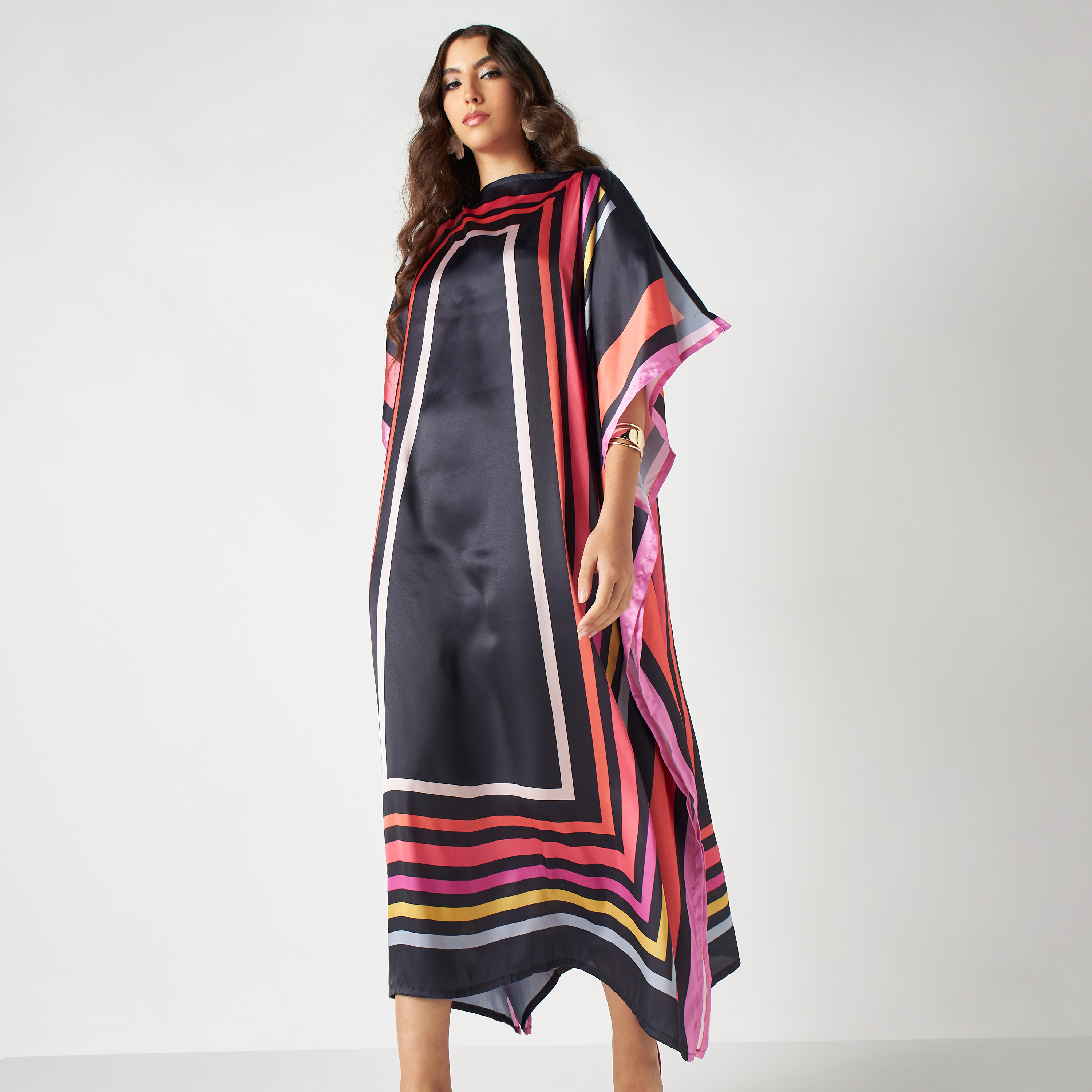 FYOR Striped Kaftan Dress with Boat Neck-women-arabicclothing-kaftan-image-1