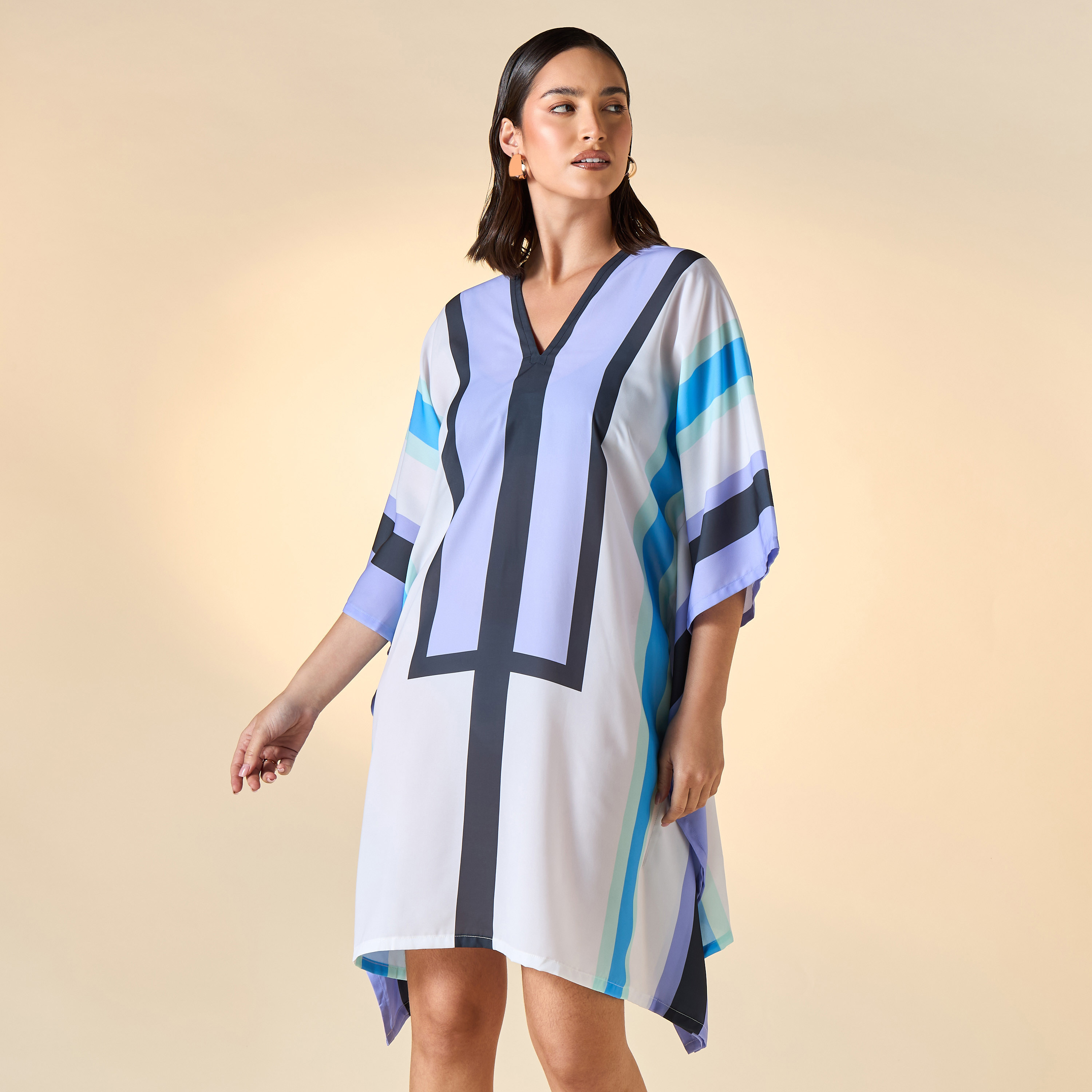فستان قفطان مقلم بياقة V من فيور-women-clothing-dresses-image-1