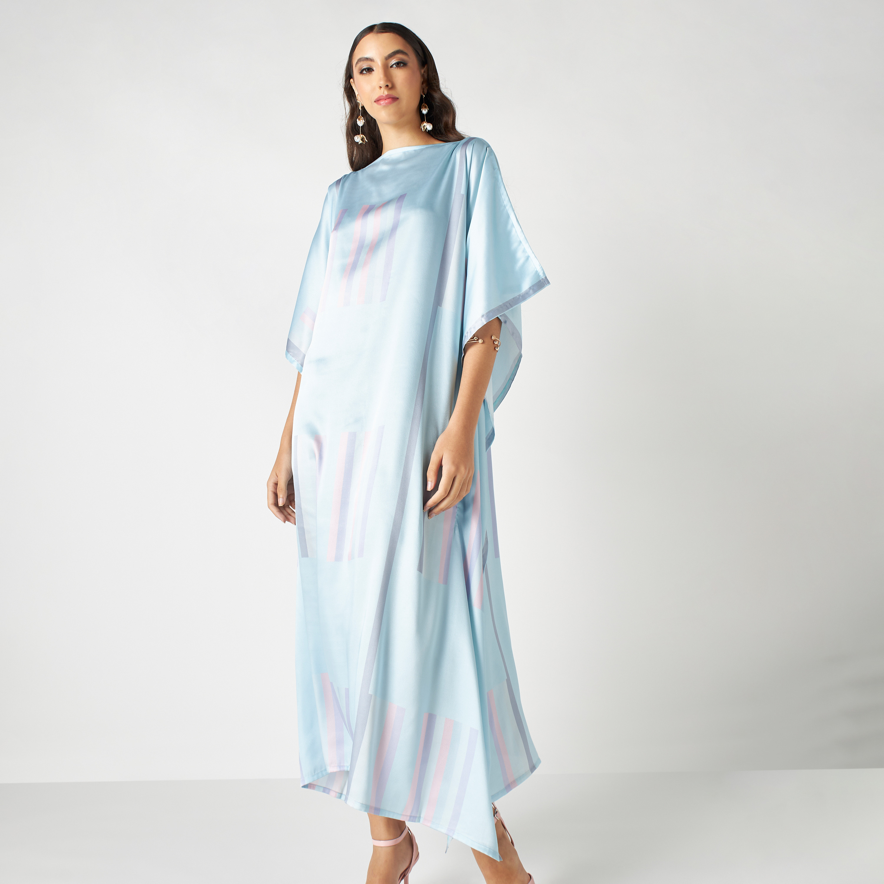 FYOR Stripe Print Kaftan Dress with Boat Neck-women-arabicclothing-kaftan-image-1