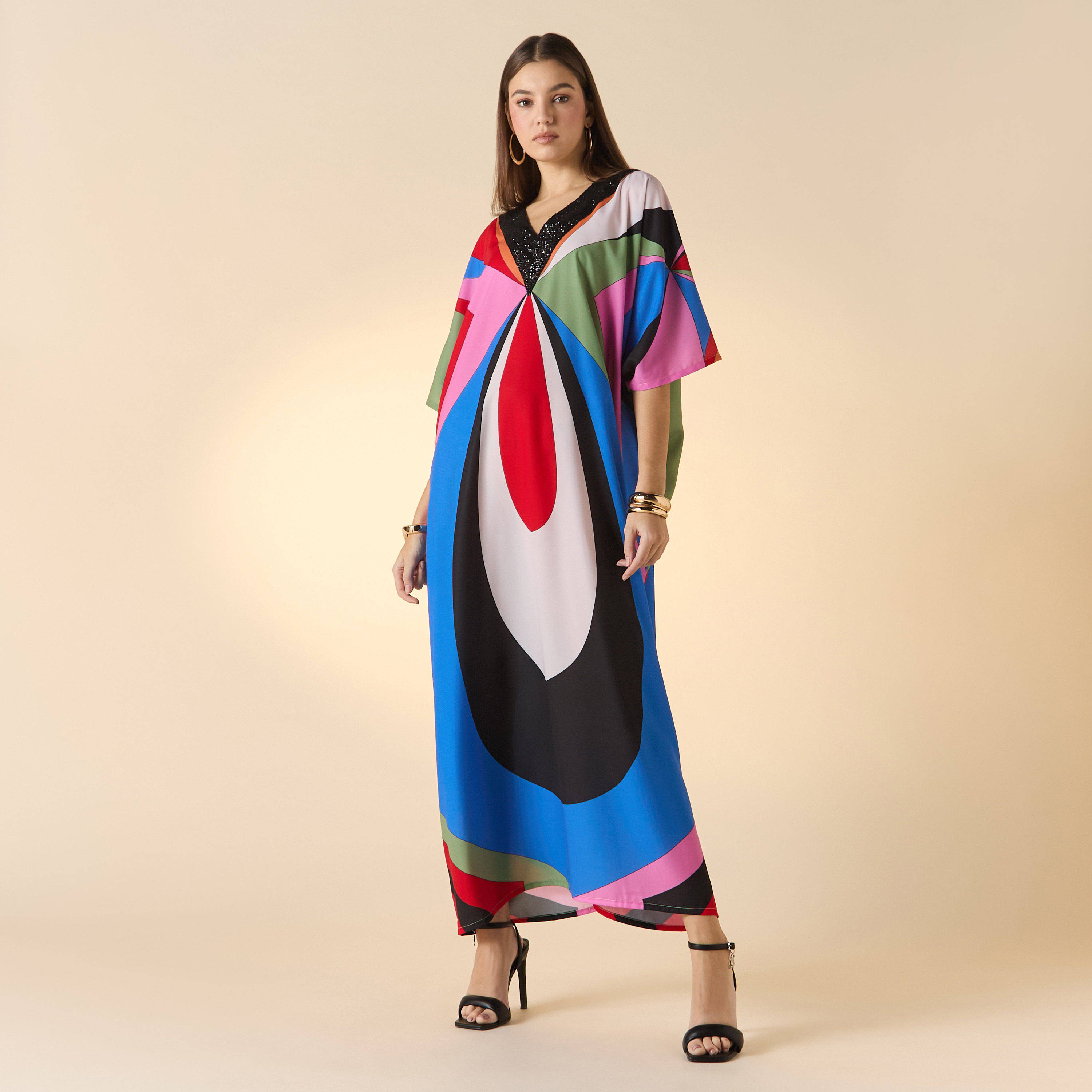 FYOR All-Over Print Kaftan Dress with V-neck-women-clothing-dresses-image-1