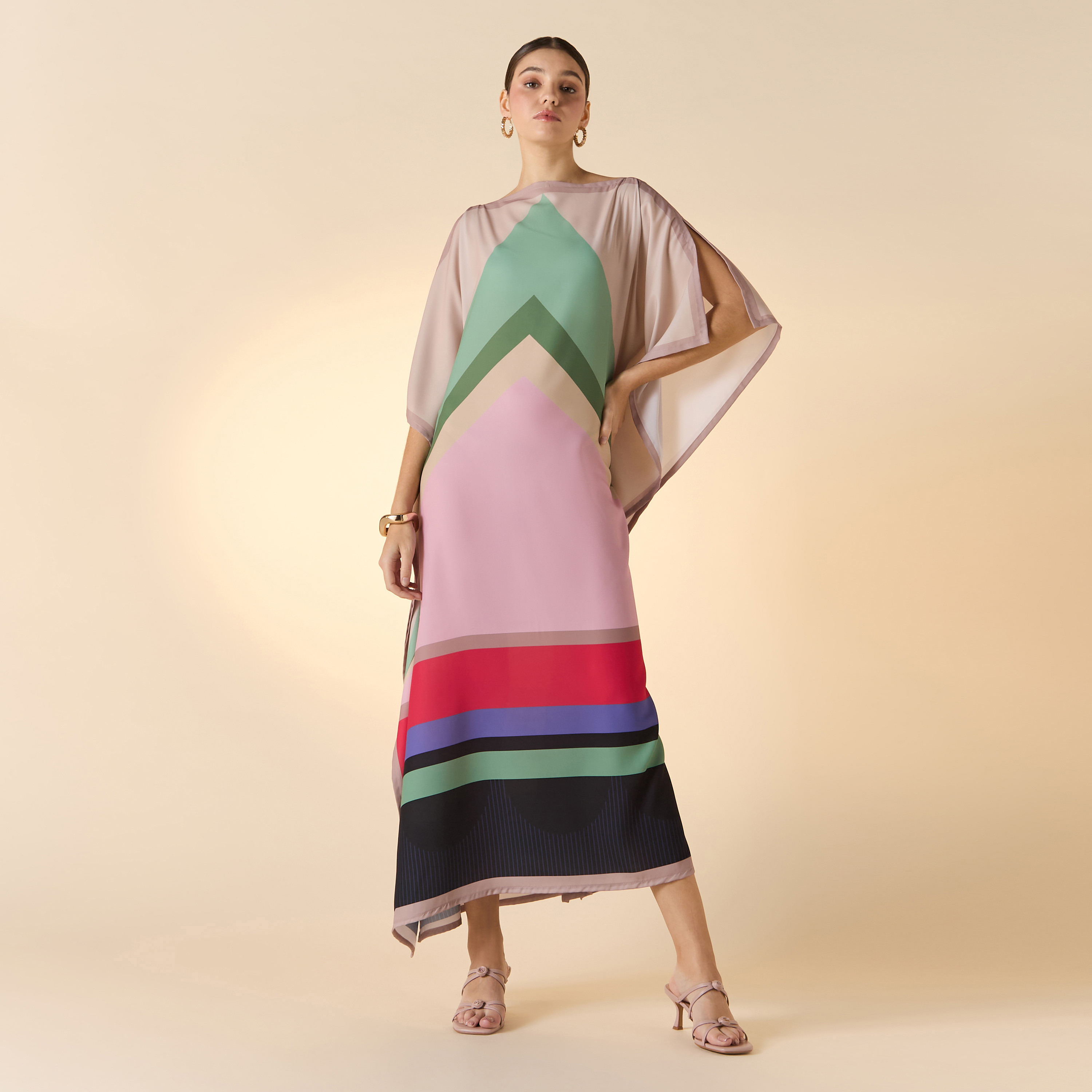 فستان قفطان متوسط ​​الطول برقبة قارب ومطبوع من FYOR-women-arabicclothing-kaftan-image-1