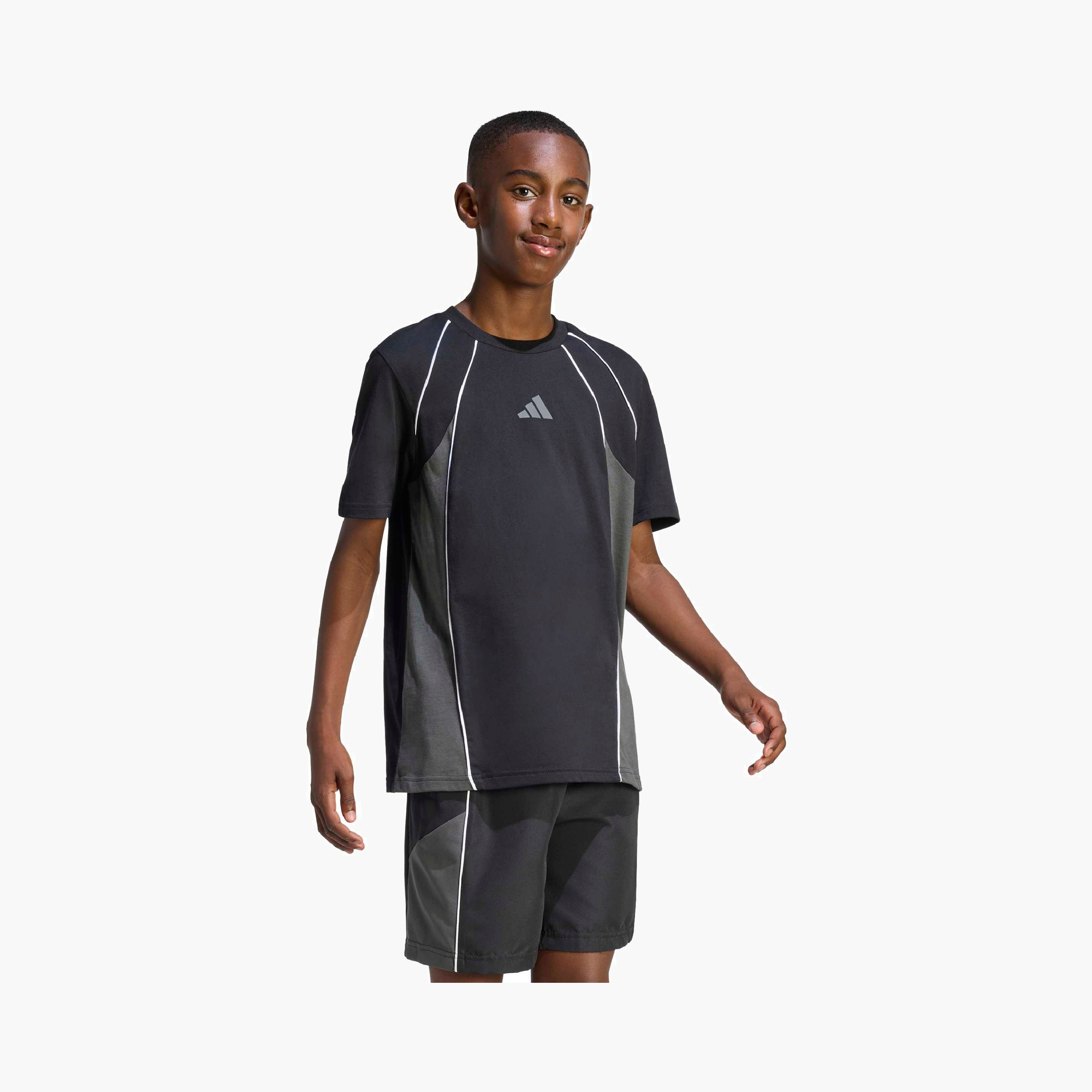 adidas Crew Neck Short Sleeves T-shirt with Colourblock Panel-boys-clothing-sportswear-tops-image-2