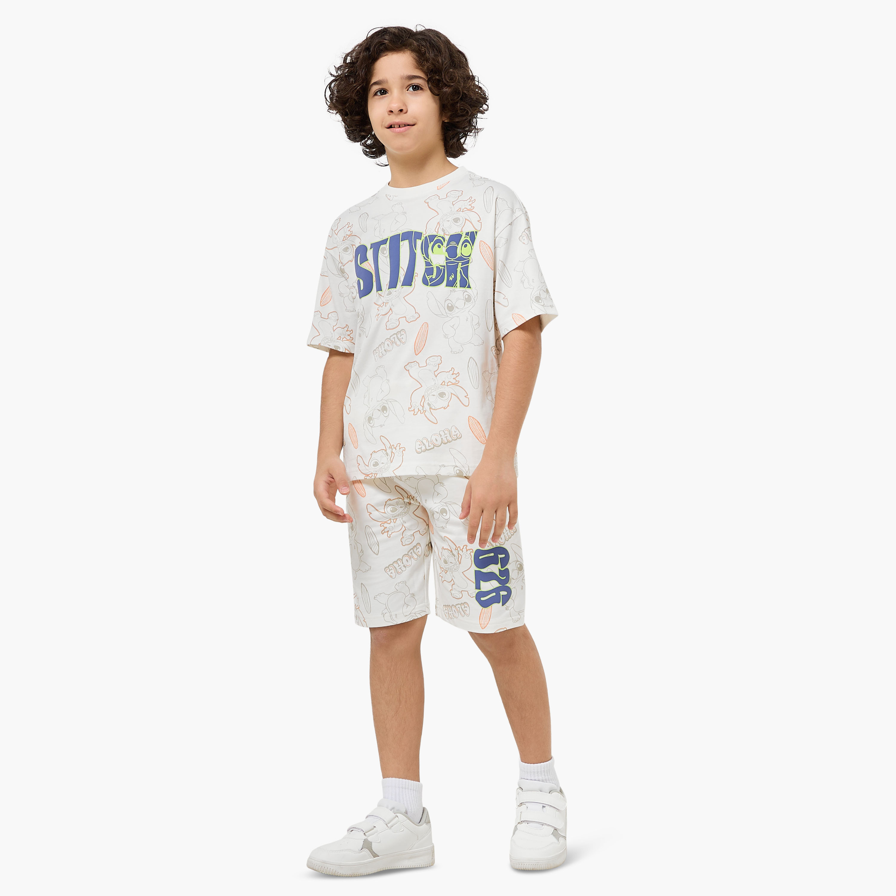Disney Crew Neck Short Sleeves T-shirt and Shorts Set with Stitch Print-boys-clothing-setsandcoords-image-1