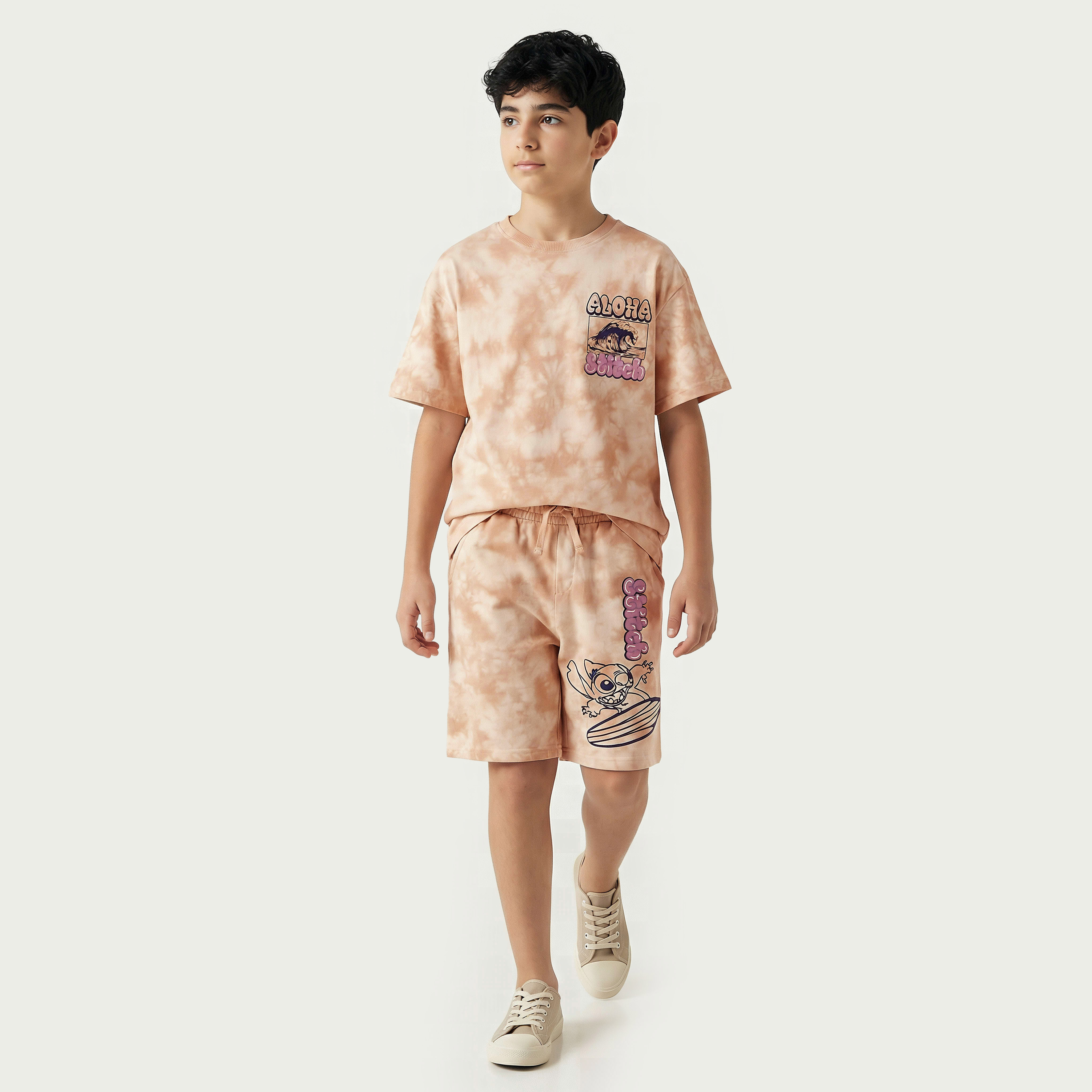 Disney Crew Neck Short Sleeves T-shirt and Shorts Set with Stitch Print-boys-clothing-setsandcoords-image-1