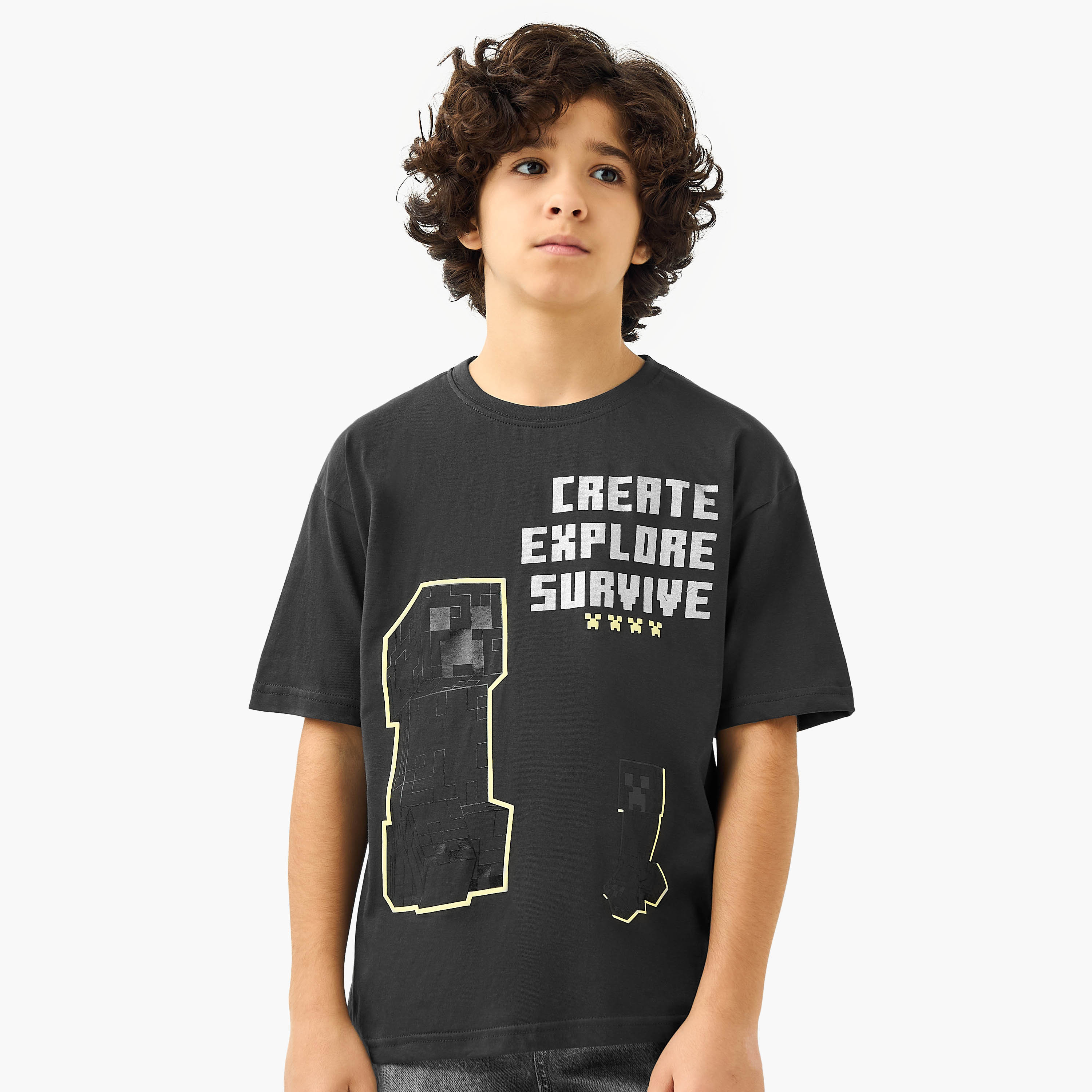 Minecraft Creeper Print T-Shirt with Short Sleeves-boys-clothing-tshirtsandpolos-image-1