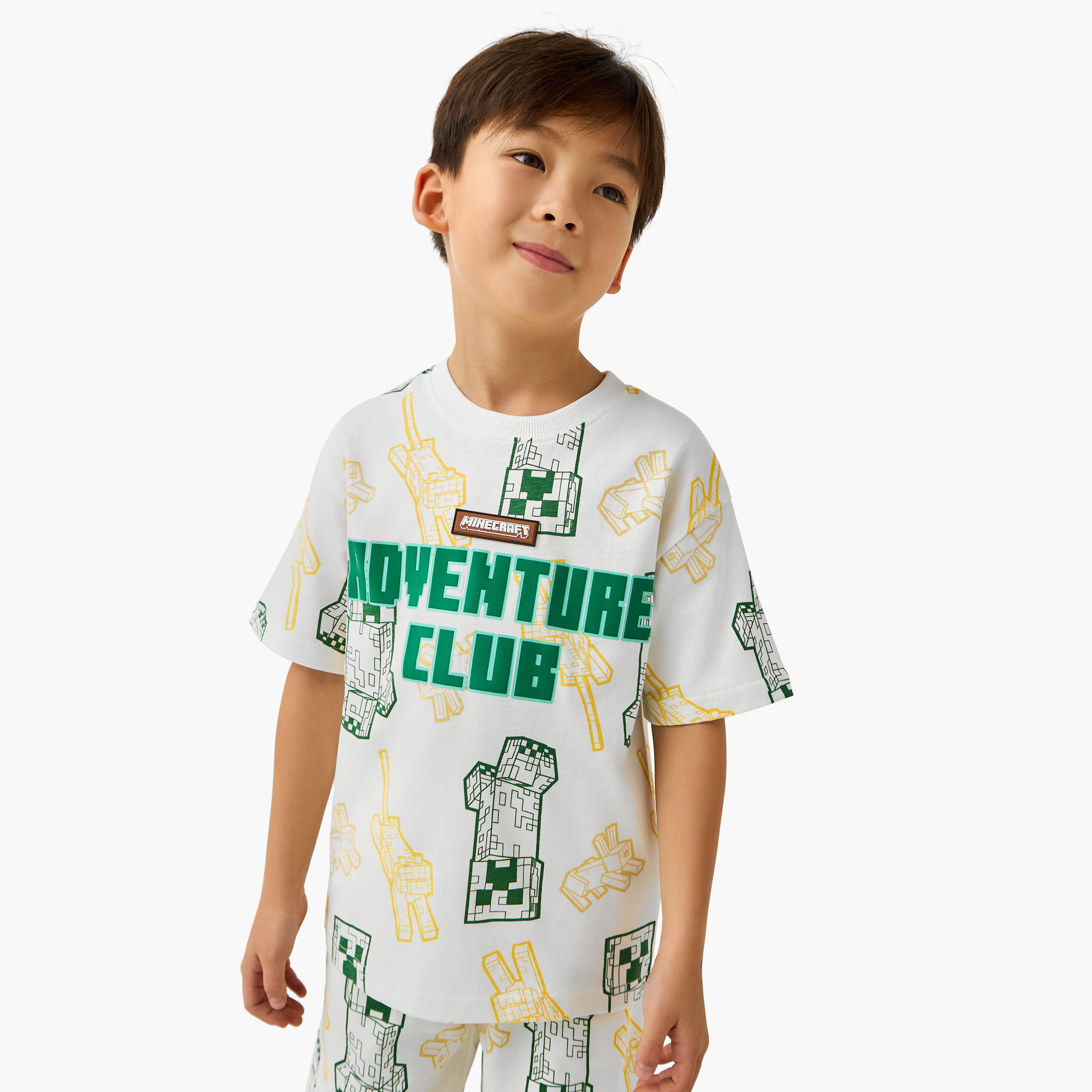 طقم تيشيرت بياقة ضيقة وأكمام قصيرة مع شورت بطبعات جرافيك ماينكرافت-boys-clothing-setsandcoords-image-2