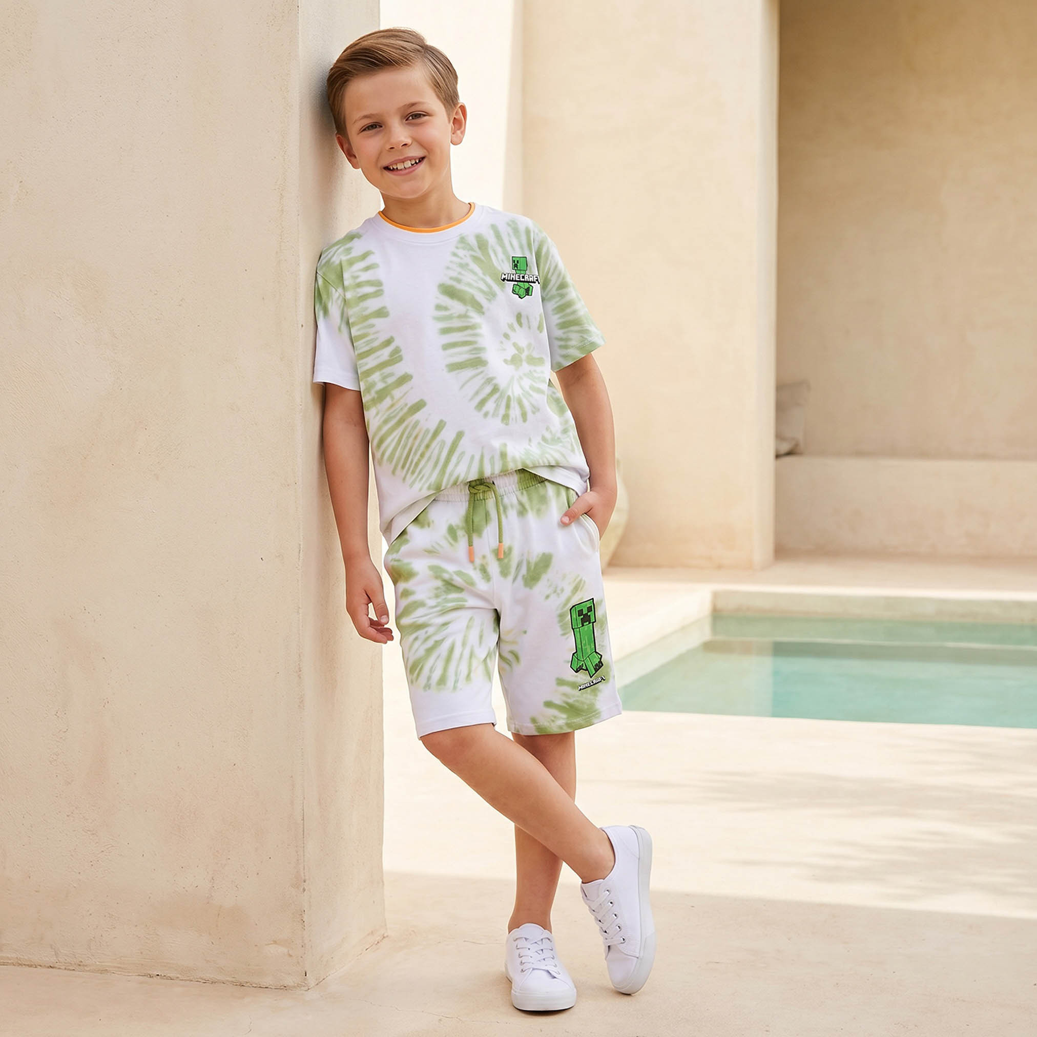 Minecraft Crew Neck Short Sleeves T-shirt and Shorts Set with Tie-Dye Detail-boys-clothing-setsandcoords-image-1