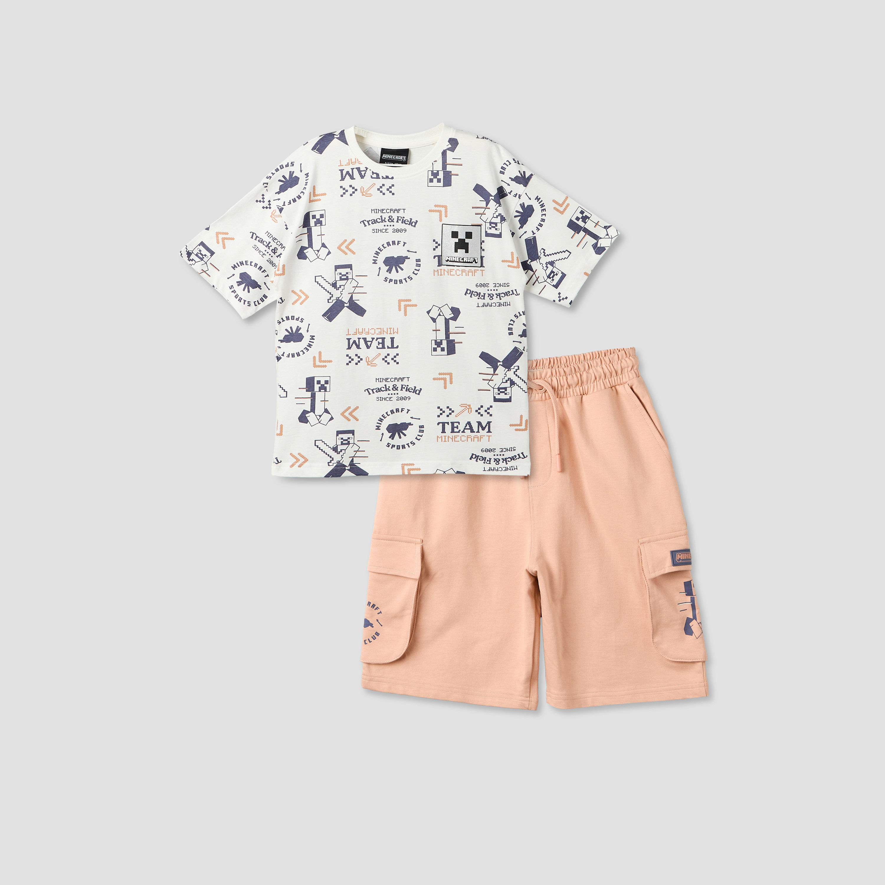 Minecraft Crew Neck Short Sleeve T-shirt and Shorts Set with Gaming Print-boys-clothing-setsandcoords-image-1