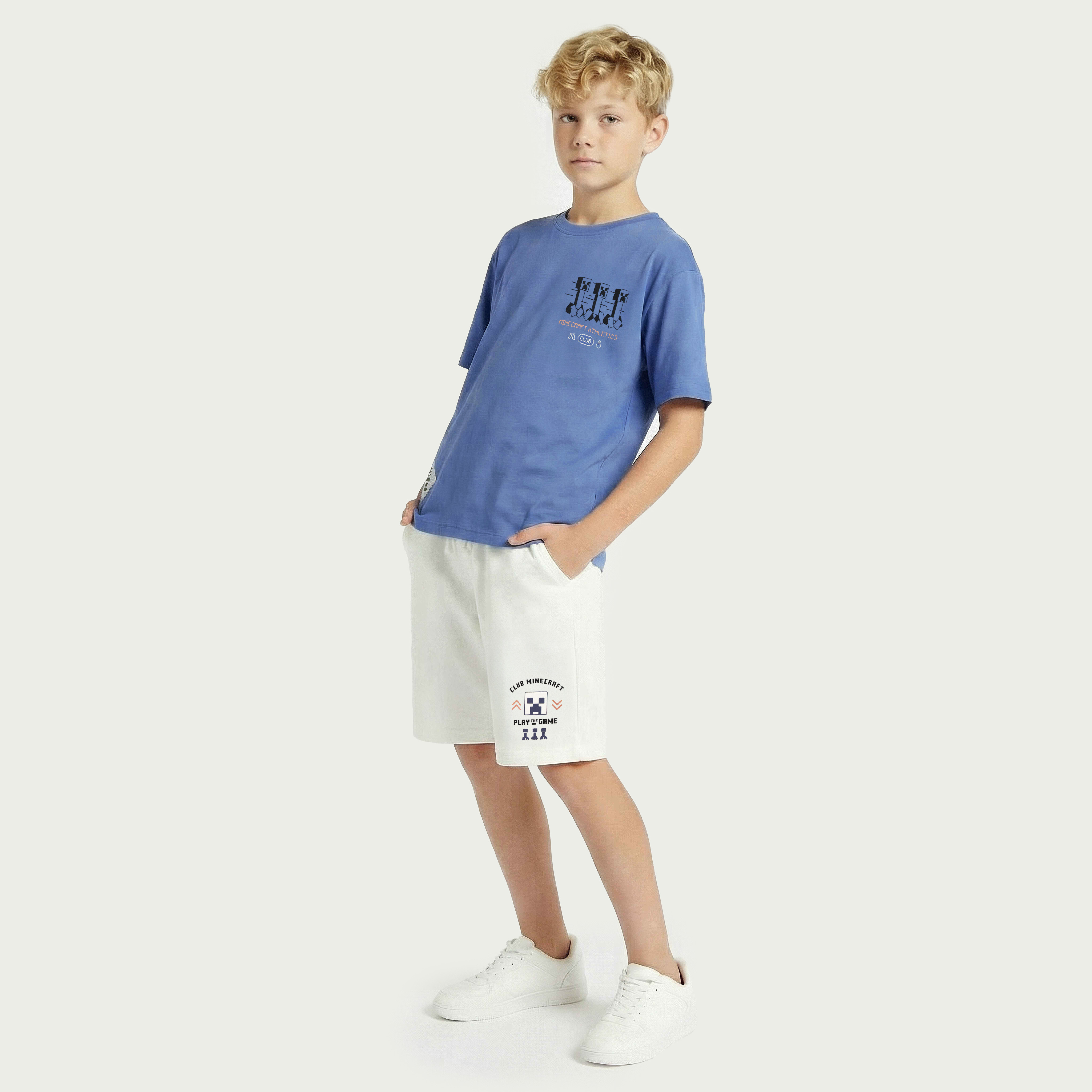 Minecraft Crew Neck Short Sleeves T-shirt and Shorts Set with Logo Graphic Print-boys-clothing-setsandcoords-image-1