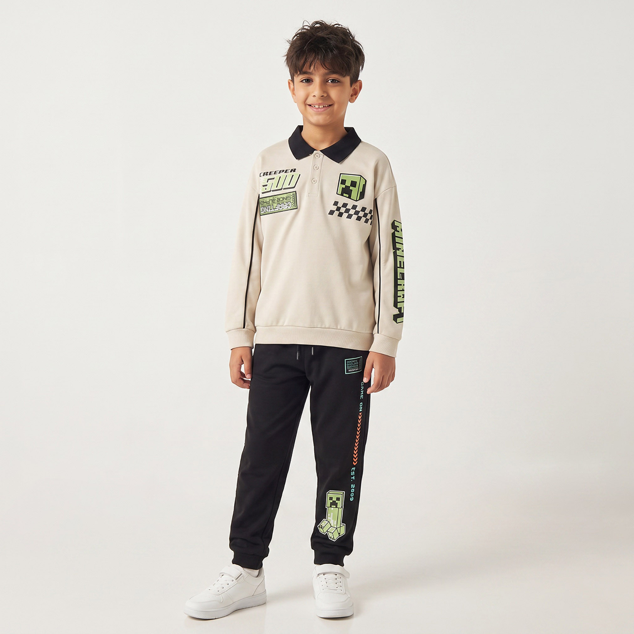 Minecraft Collared Long Sleeves Polo Sweatshirt and Joggers Set with Graphic Print-boys-clothing-setsandcoords-image-1