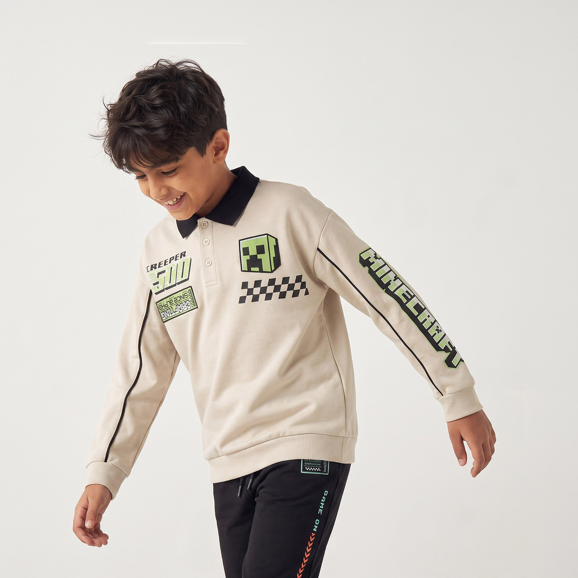 Minecraft Collared Long Sleeves Polo Sweatshirt and Joggers Set with Graphic Print-boys-clothing-setsandcoords-image-2