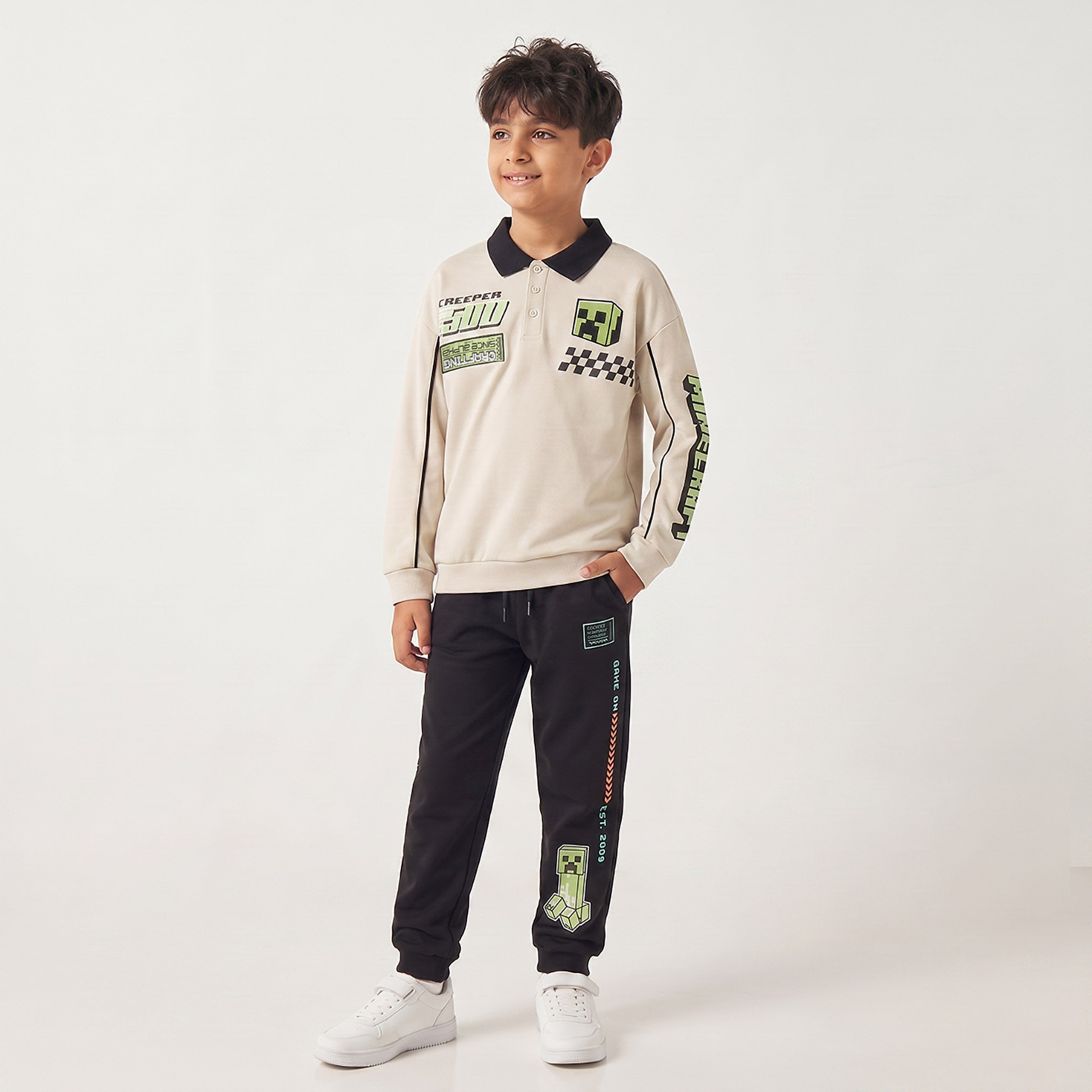 Minecraft Collared Long Sleeves Polo Sweatshirt and Joggers Set with Graphic Print-boys-clothing-setsandcoords-image-5