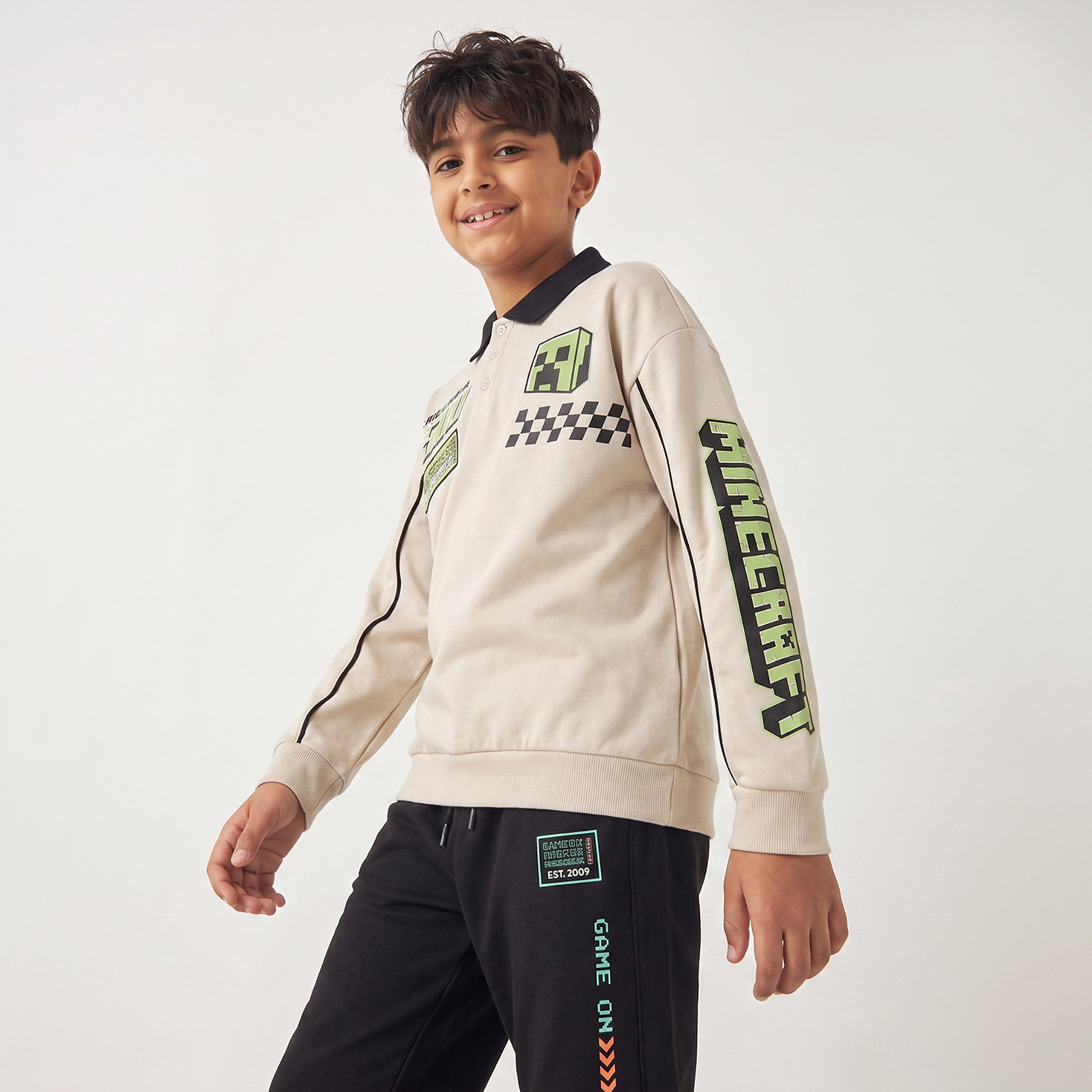 Minecraft Collared Long Sleeves Polo Sweatshirt and Joggers Set with Graphic Print-boys-clothing-setsandcoords-image-6