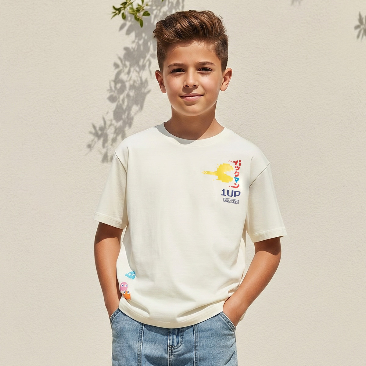 تيشيرت بأكمام قصيرة وياقة ضيقة بطبعات باك مان من بانداي-boys-clothing-tshirtsandpolos-image-1