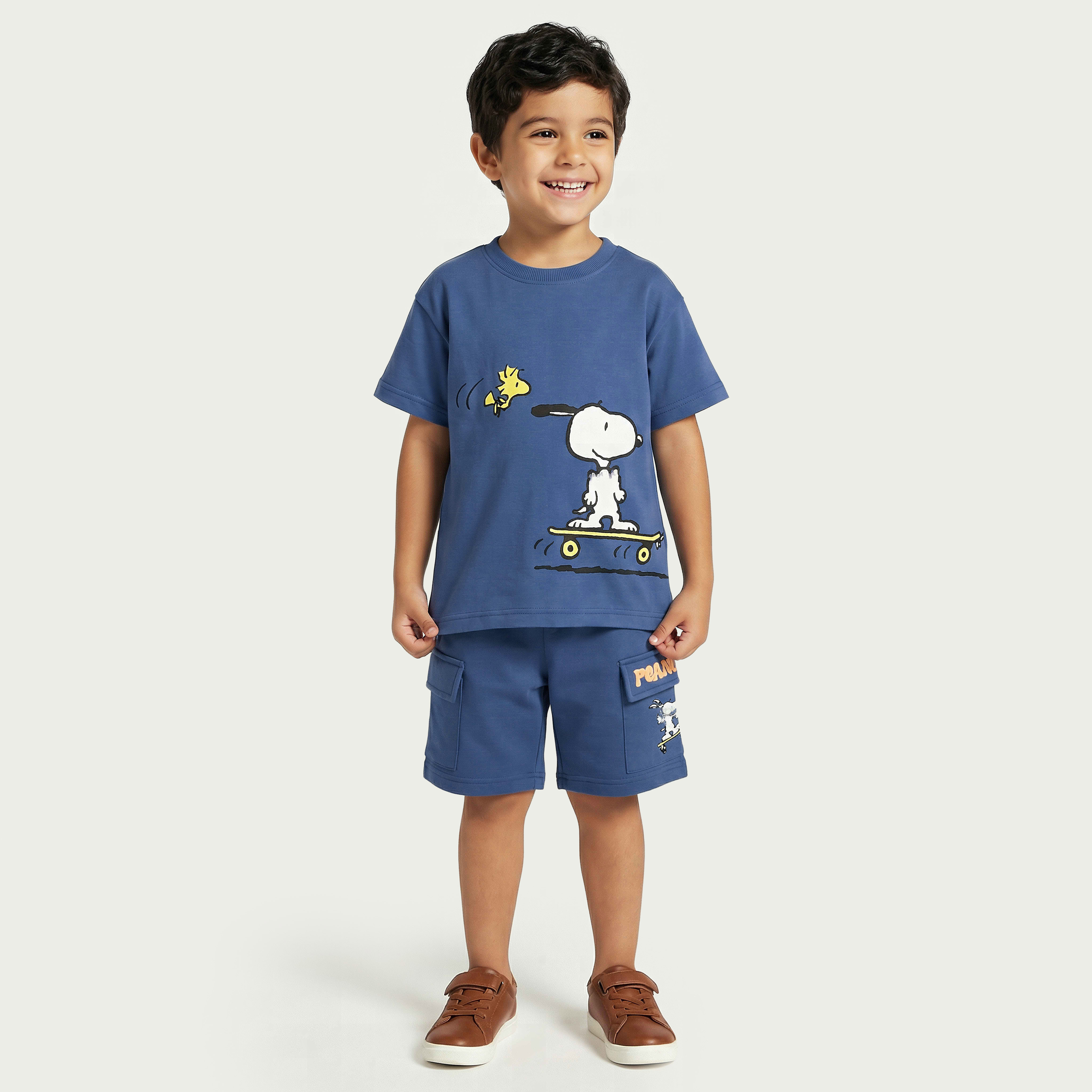 Crew Neck Short Sleeves T-shirt and Shorts Set with Peanuts Print-baby-boys-clothing-setsandcoords-image-1