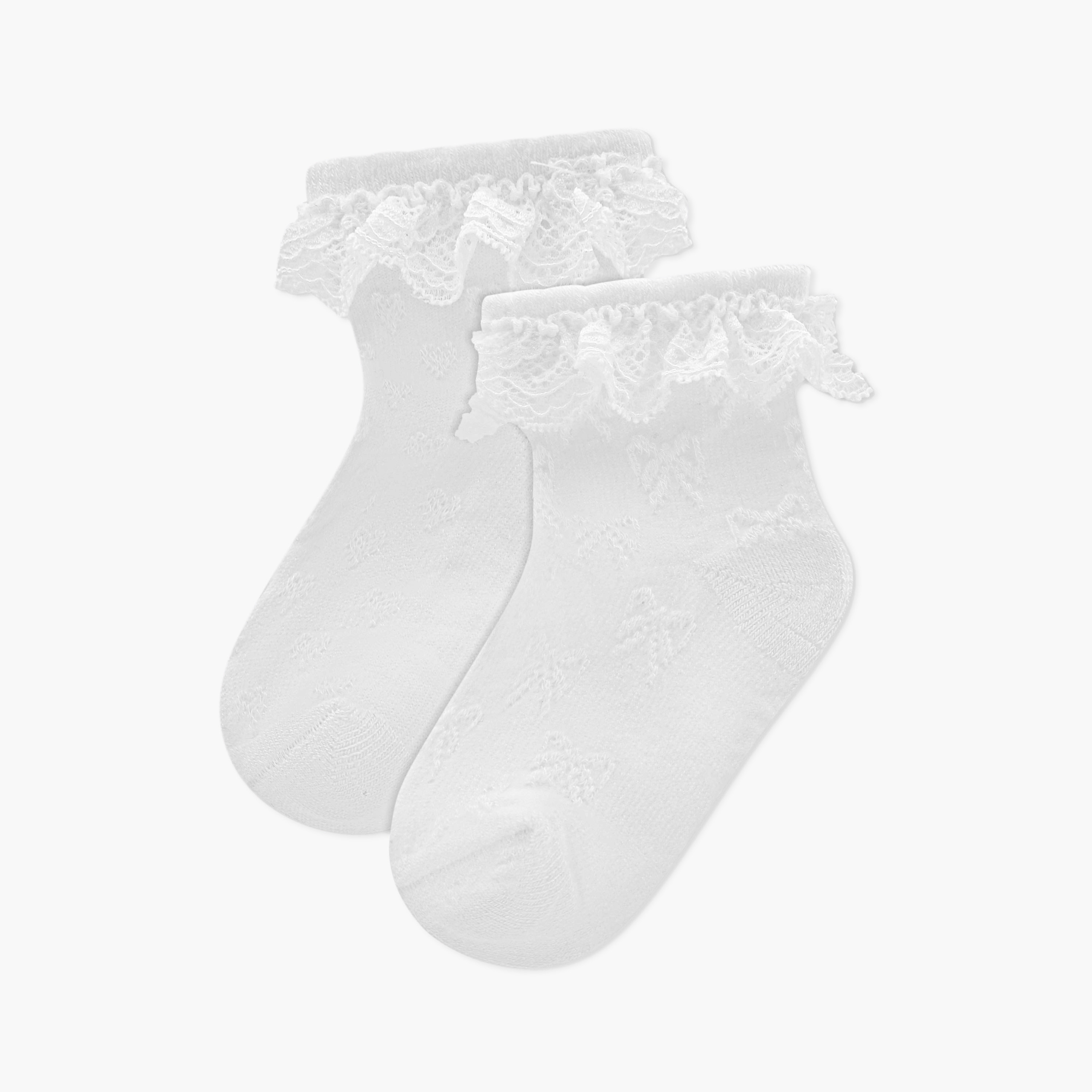 Giggles Textured Bow Jacquard Ankle Length Socks with Lace Detail-baby-girls-accessories-socks-image-1