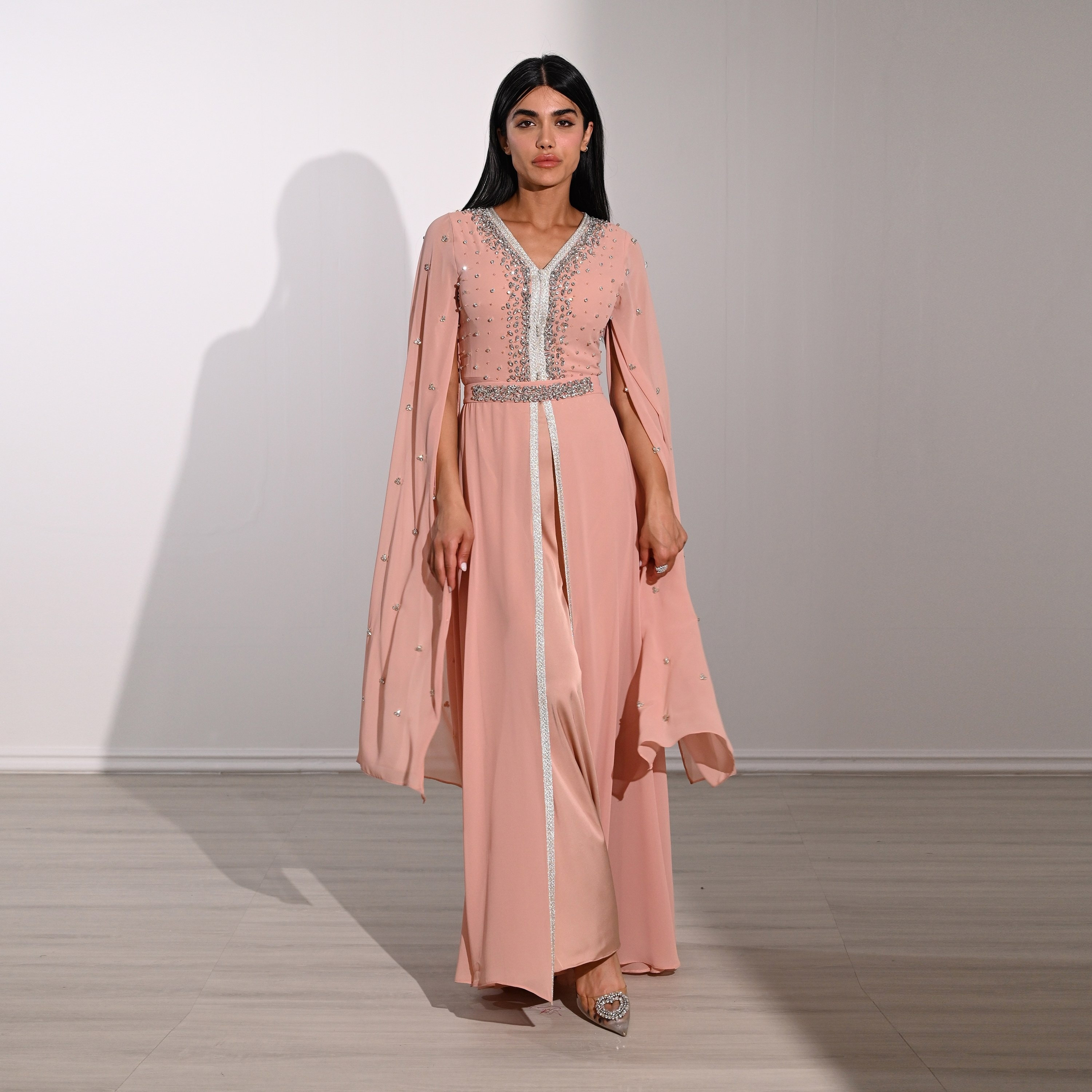 Akadia Crystal Work Laced Chiffon Cape Sleeves Belted Evening Women's Maxi Dress-women-clothing-dresses-image-12