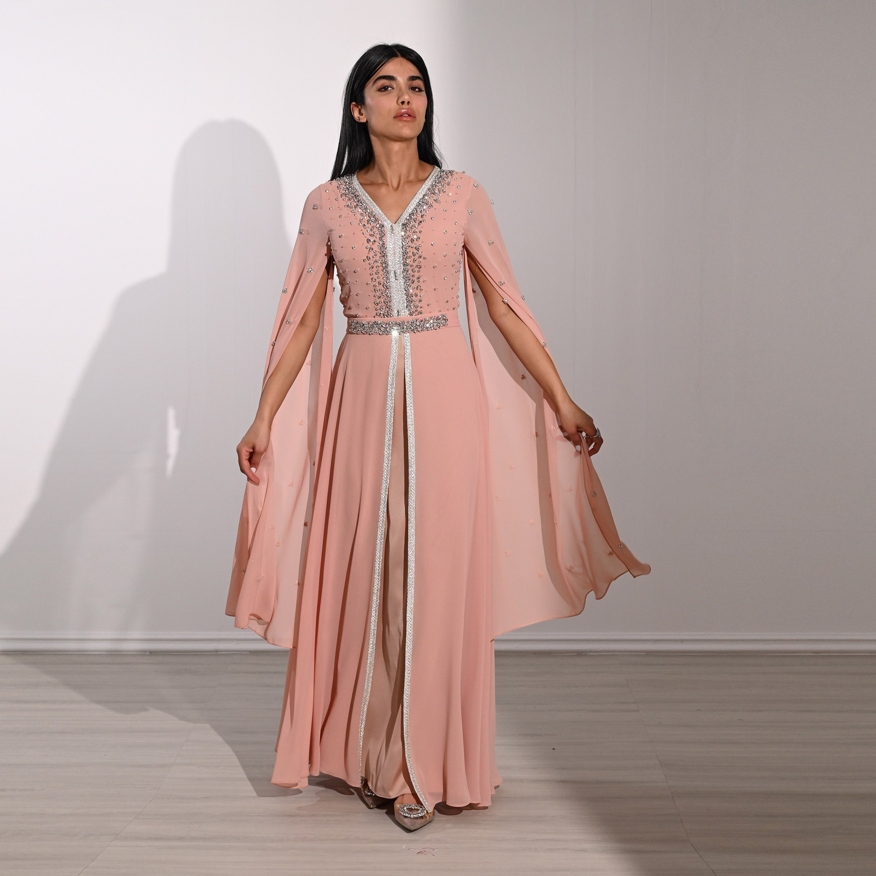 Akadia Crystal Work Laced Chiffon Cape Sleeves Belted Evening Women's Maxi Dress-women-clothing-dresses-image-13
