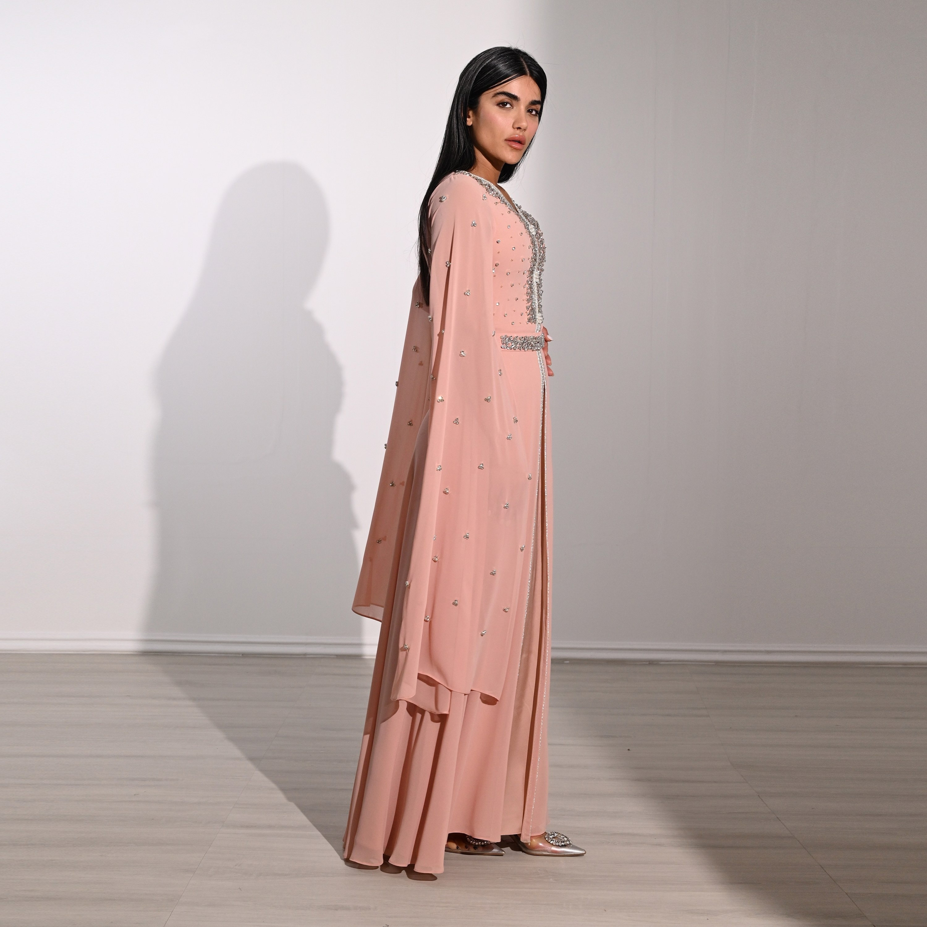 Akadia Crystal Work Laced Chiffon Cape Sleeves Belted Evening Women's Maxi Dress-women-clothing-dresses-image-14