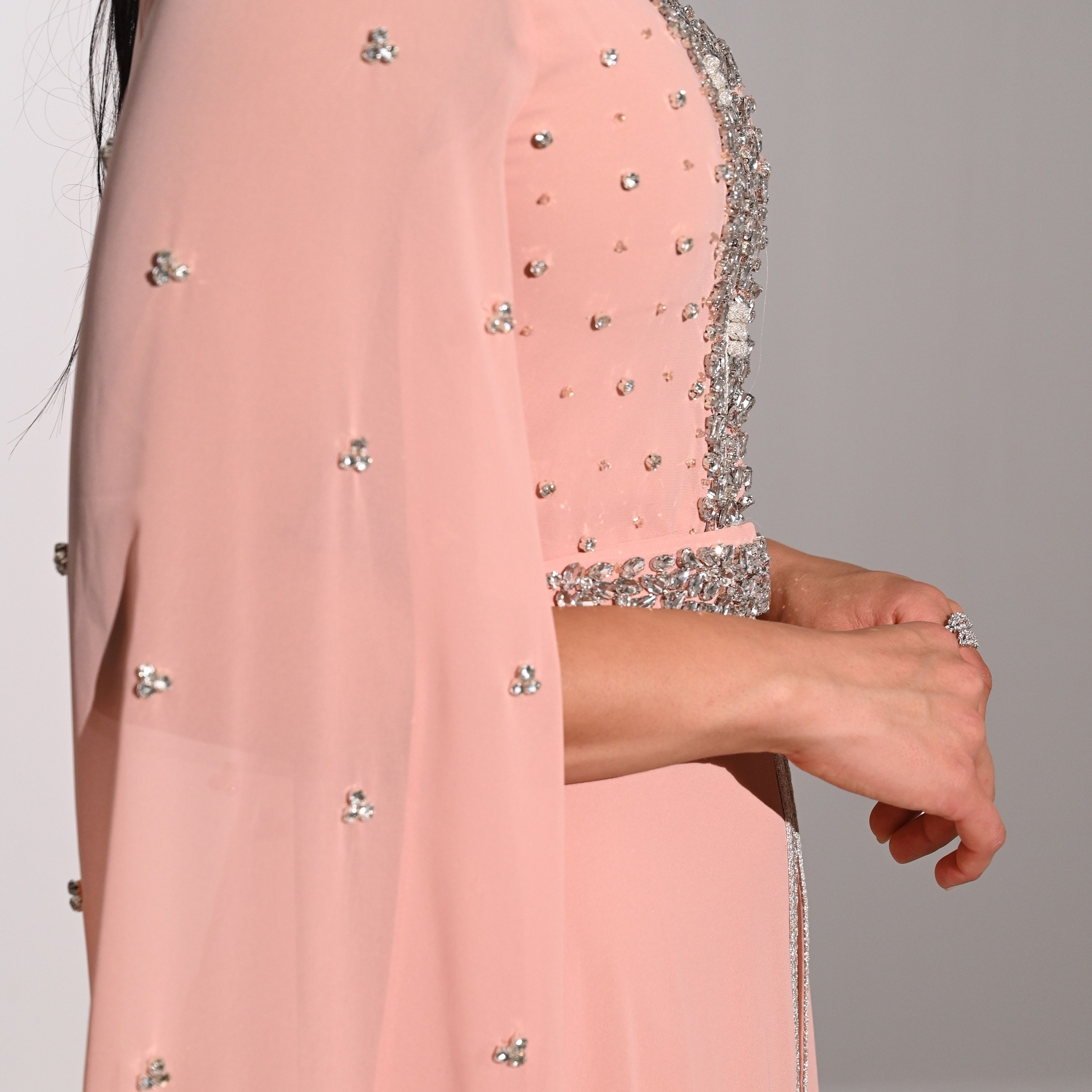Akadia Crystal Work Laced Chiffon Cape Sleeves Belted Evening Women's Maxi Dress-women-clothing-dresses-image-15