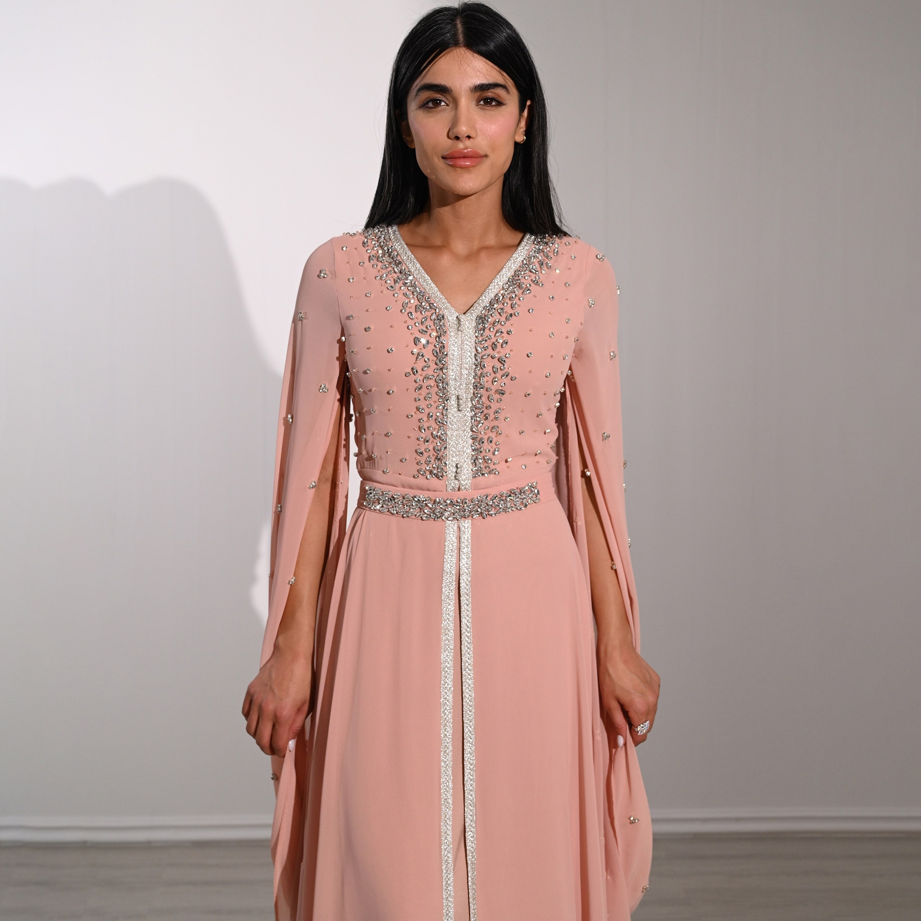 Akadia Crystal Work Laced Chiffon Cape Sleeves Belted Evening Women's Maxi Dress-women-clothing-dresses-image-16