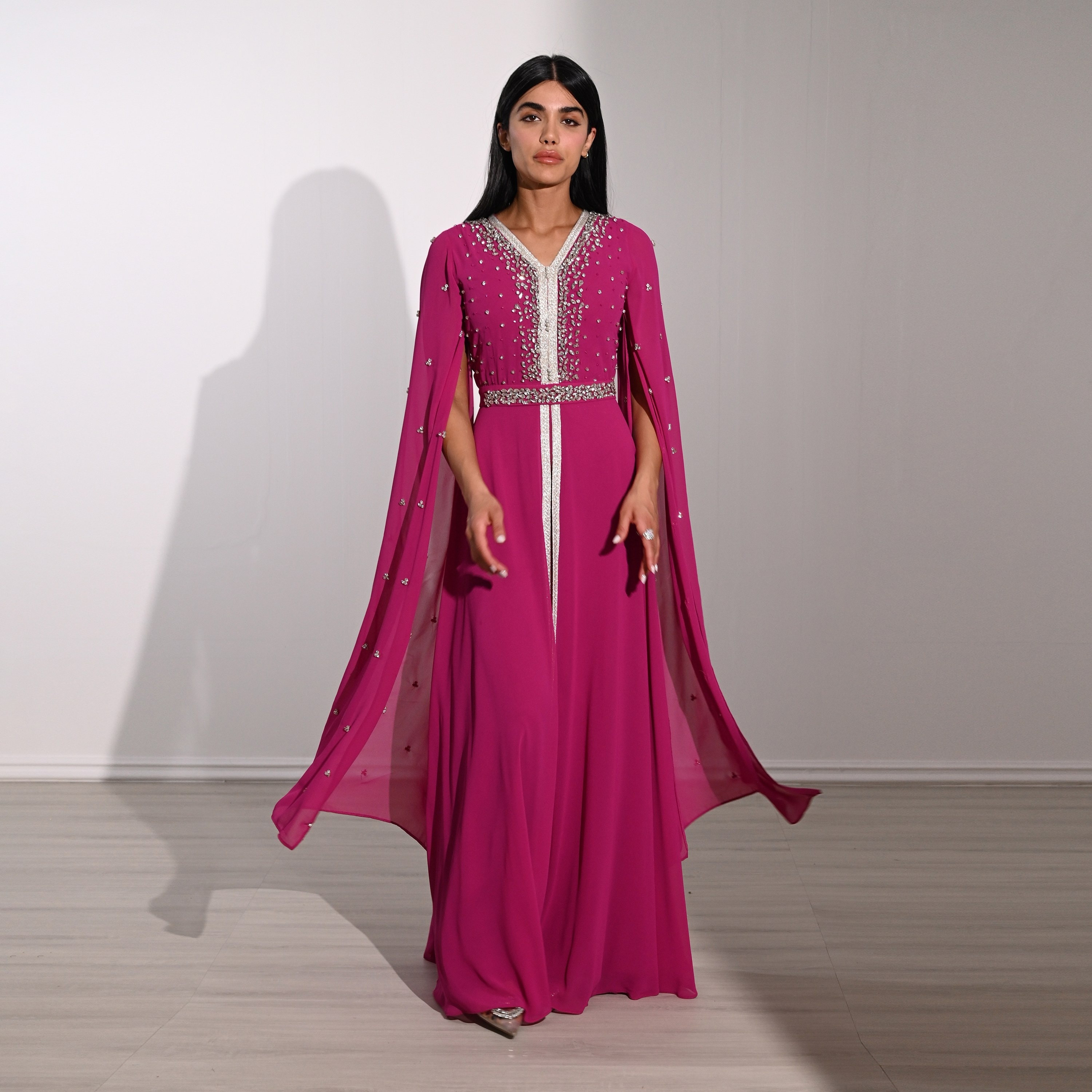 Akadia Crystal Work Laced Chiffon Cape Sleeves Belted Evening Women's Maxi Dress-women-clothing-dresses-image-6