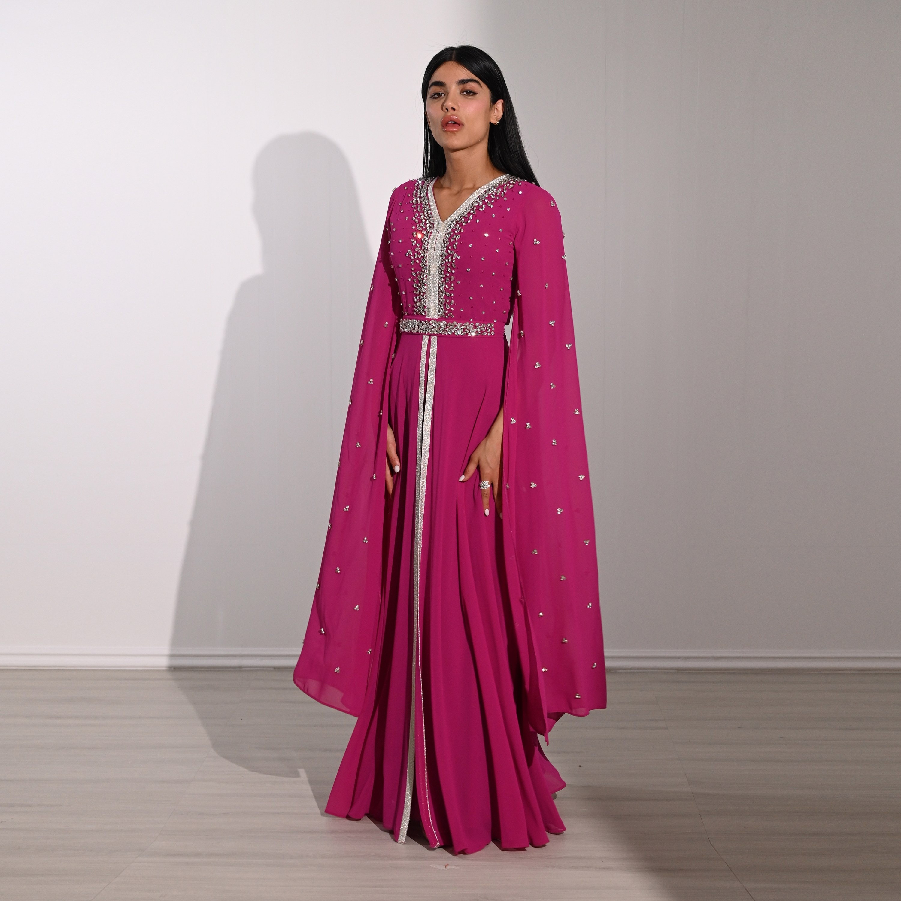 Akadia Crystal Work Laced Chiffon Cape Sleeves Belted Evening Women's Maxi Dress-women-clothing-dresses-image-7