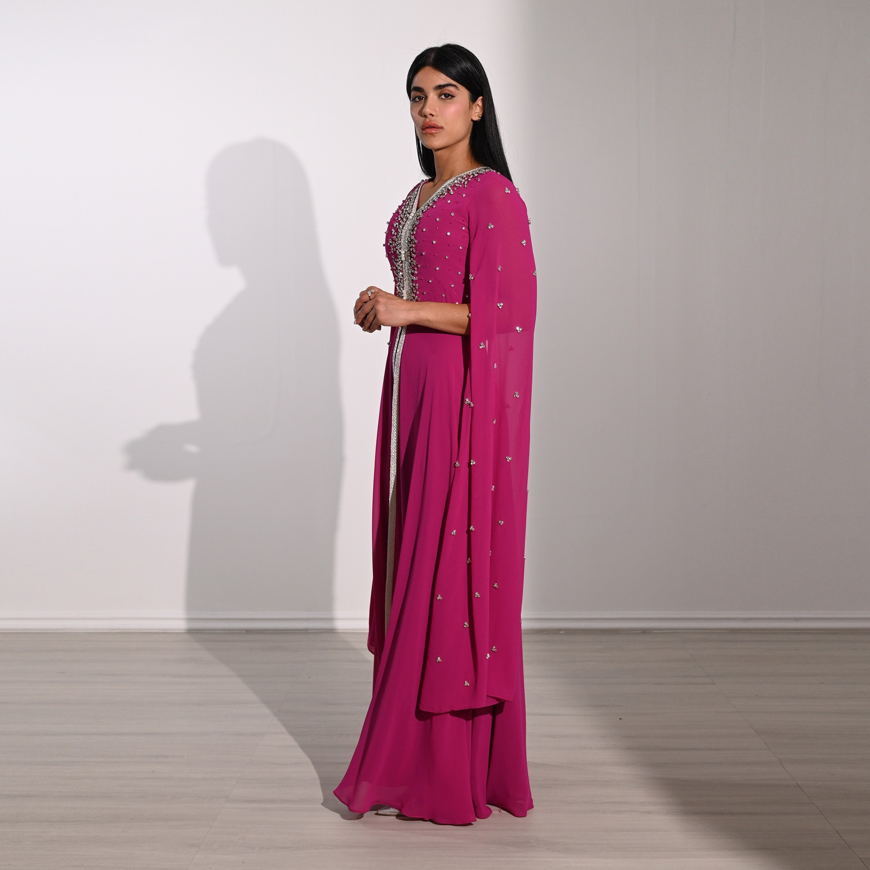 Akadia Crystal Work Laced Chiffon Cape Sleeves Belted Evening Women's Maxi Dress-women-clothing-dresses-image-8