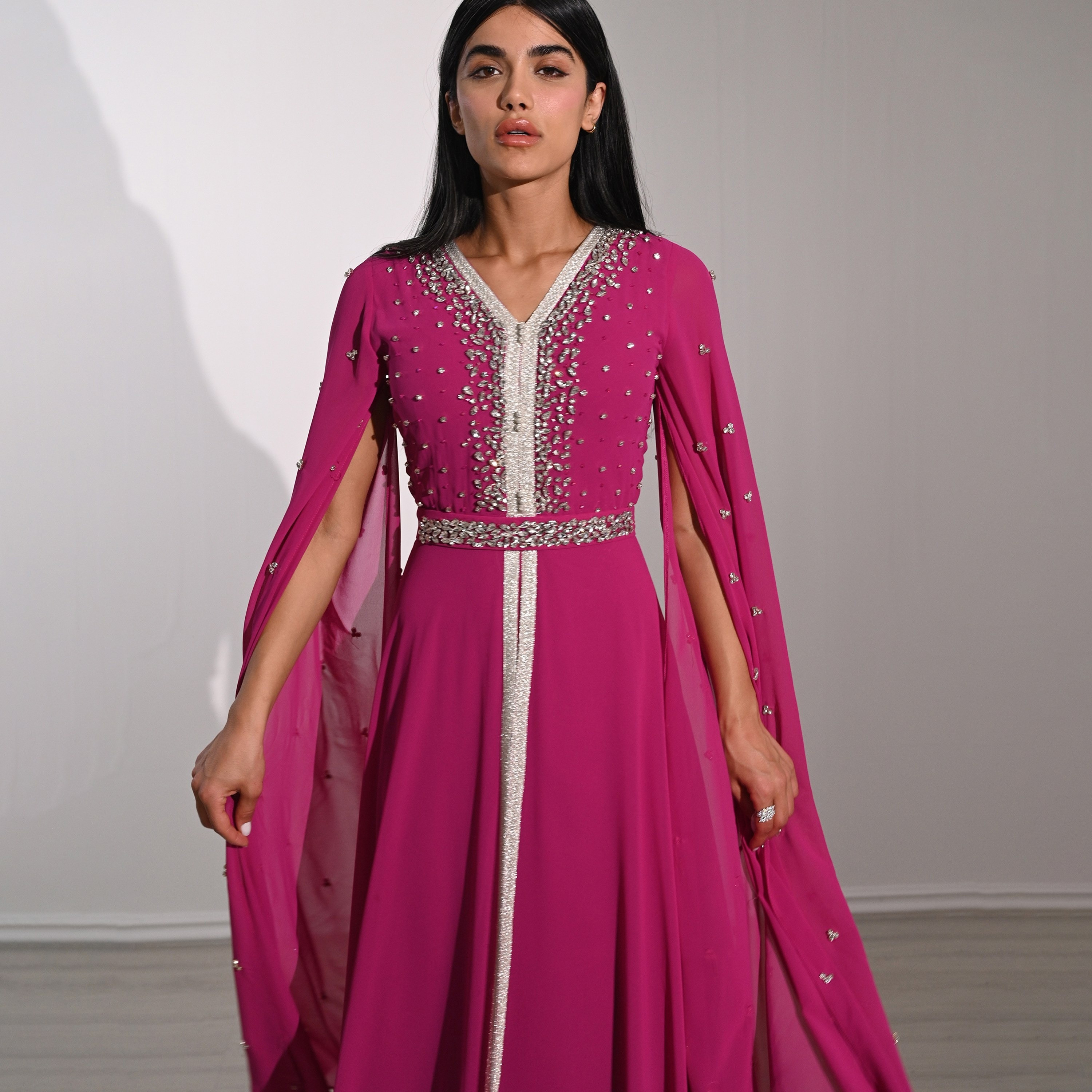 Akadia Crystal Work Laced Chiffon Cape Sleeves Belted Evening Women's Maxi Dress-women-clothing-dresses-image-9