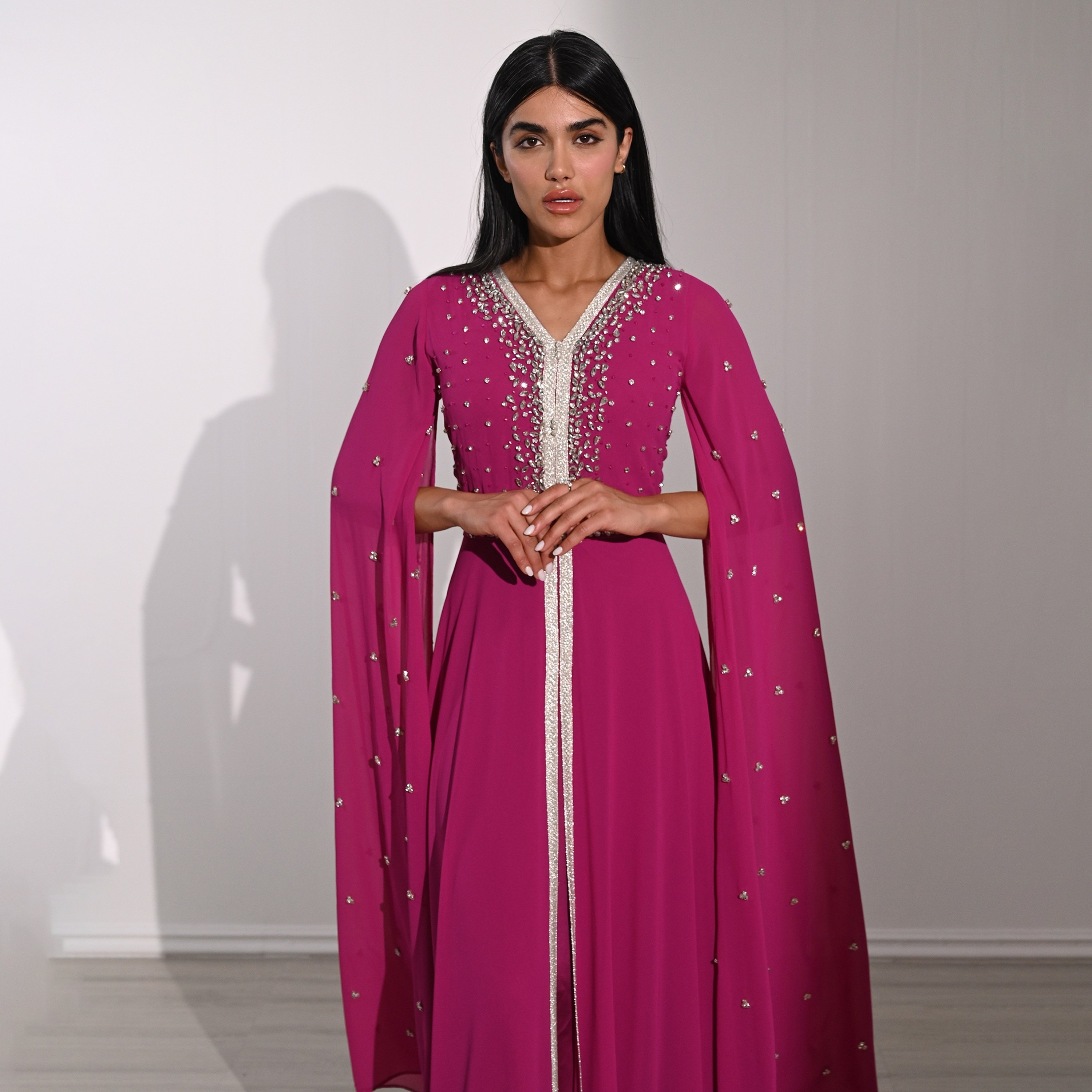 Akadia Crystal Work Laced Chiffon Cape Sleeves Belted Evening Women's Maxi Dress-women-clothing-dresses-image-10
