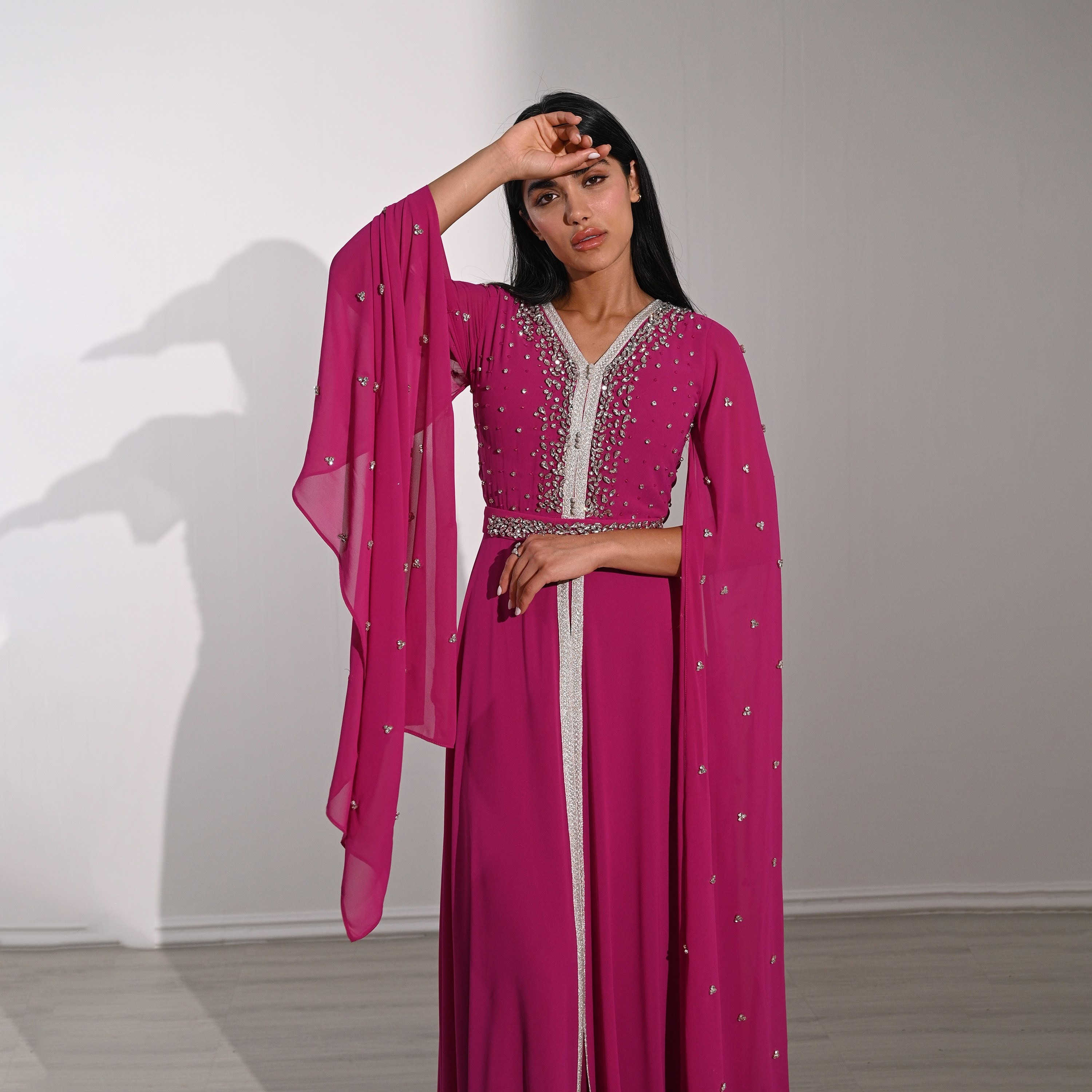 Akadia Crystal Work Laced Chiffon Cape Sleeves Belted Evening Women's Maxi Dress-women-clothing-dresses-image-11