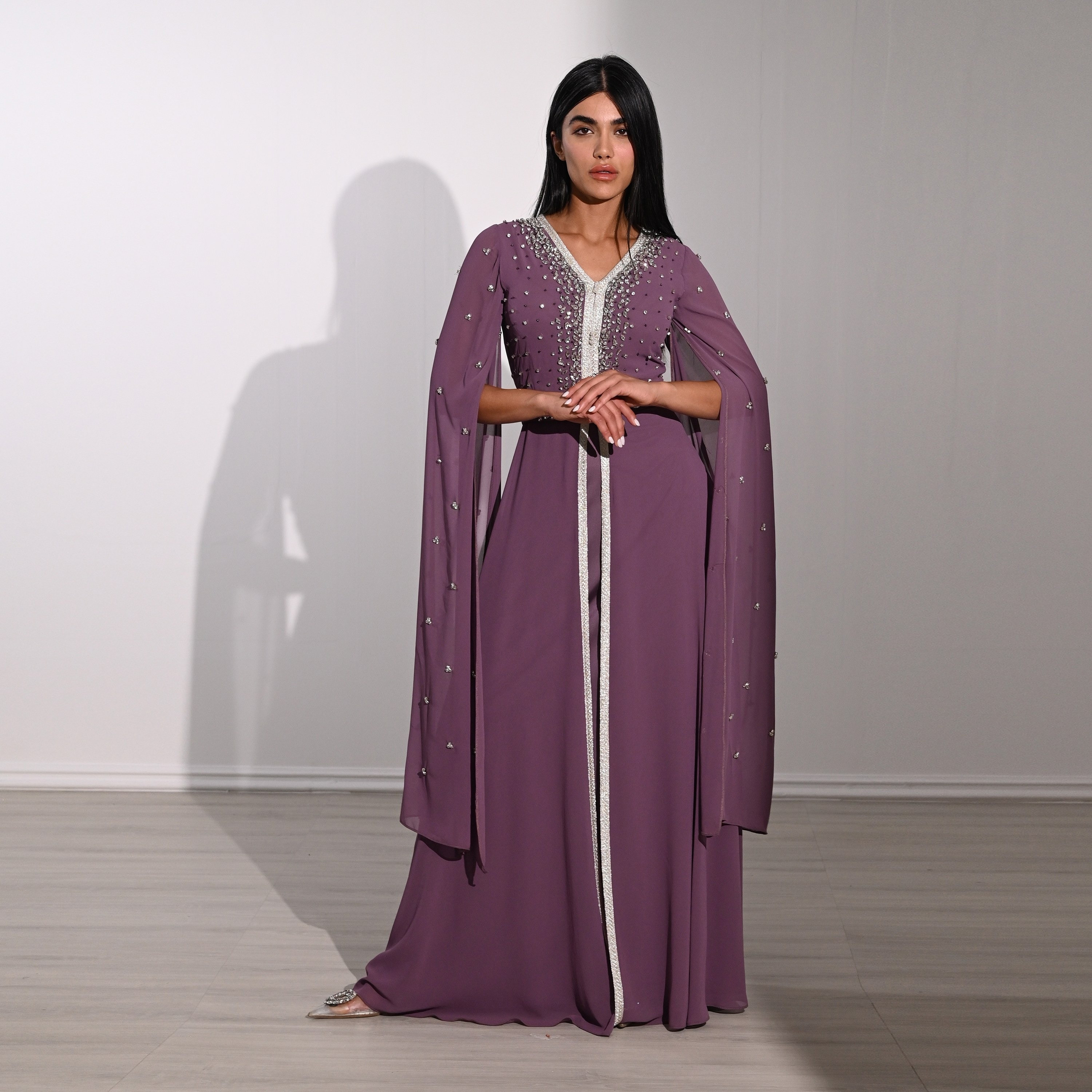 Akadia Crystal Work Laced Chiffon Cape Sleeves Belted Evening Women's Maxi Dress-women-clothing-dresses-image-1