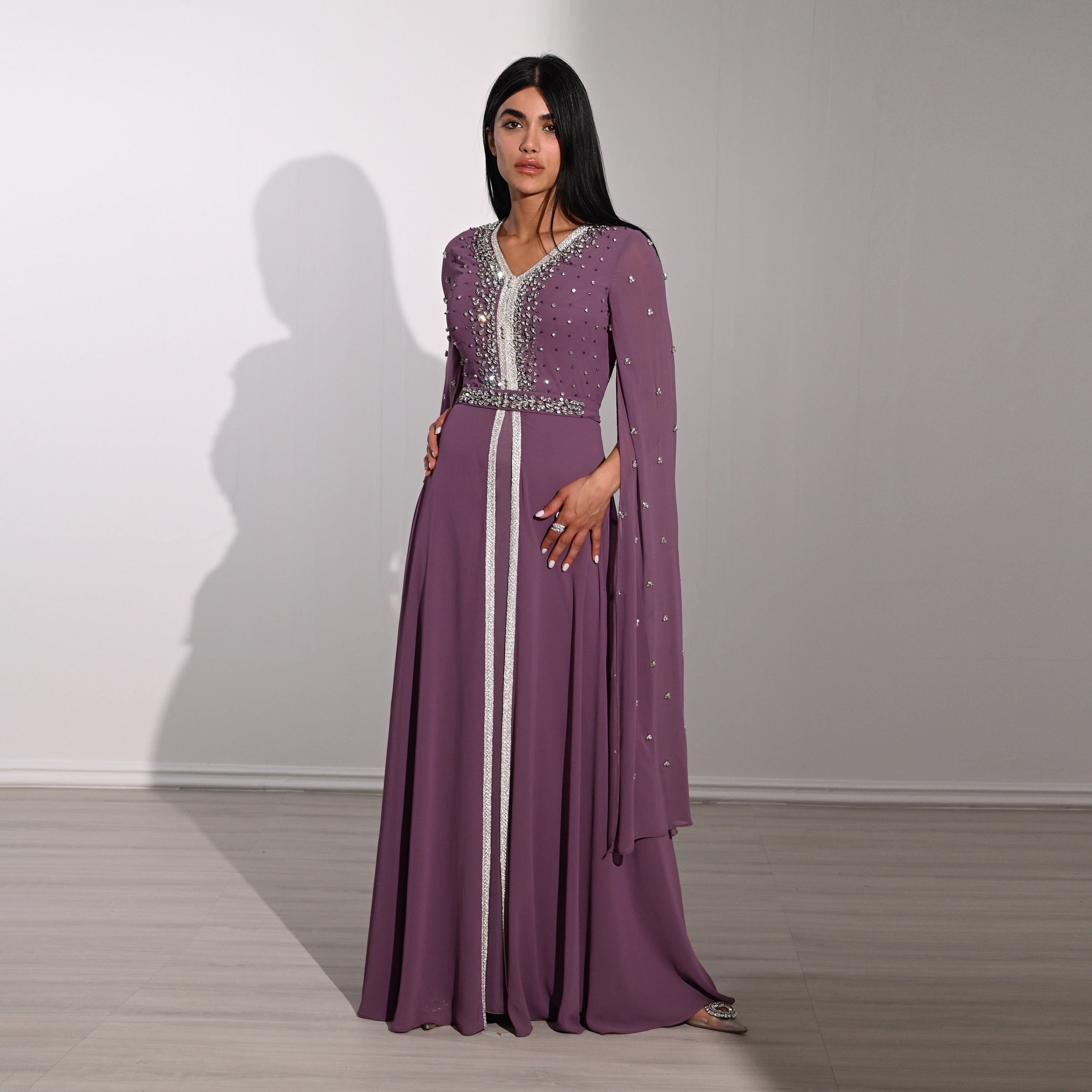 Akadia Crystal Work Laced Chiffon Cape Sleeves Belted Evening Women's Maxi Dress-women-clothing-dresses-image-2