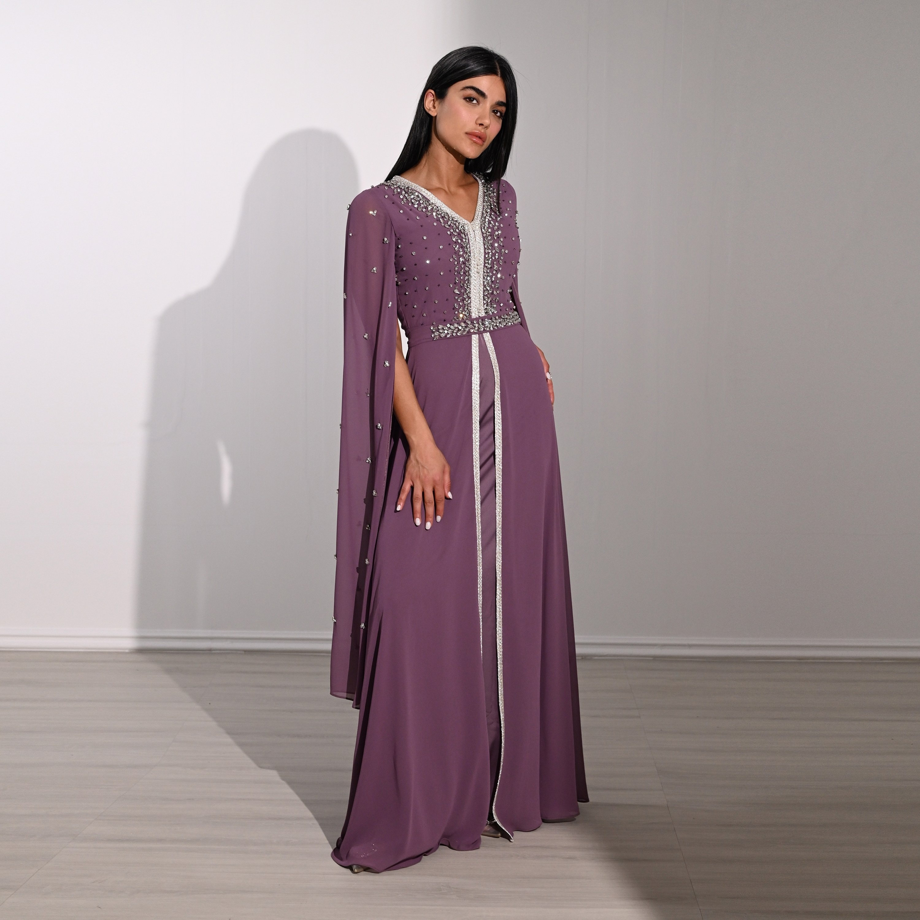 Akadia Crystal Work Laced Chiffon Cape Sleeves Belted Evening Women's Maxi Dress-women-clothing-dresses-image-3